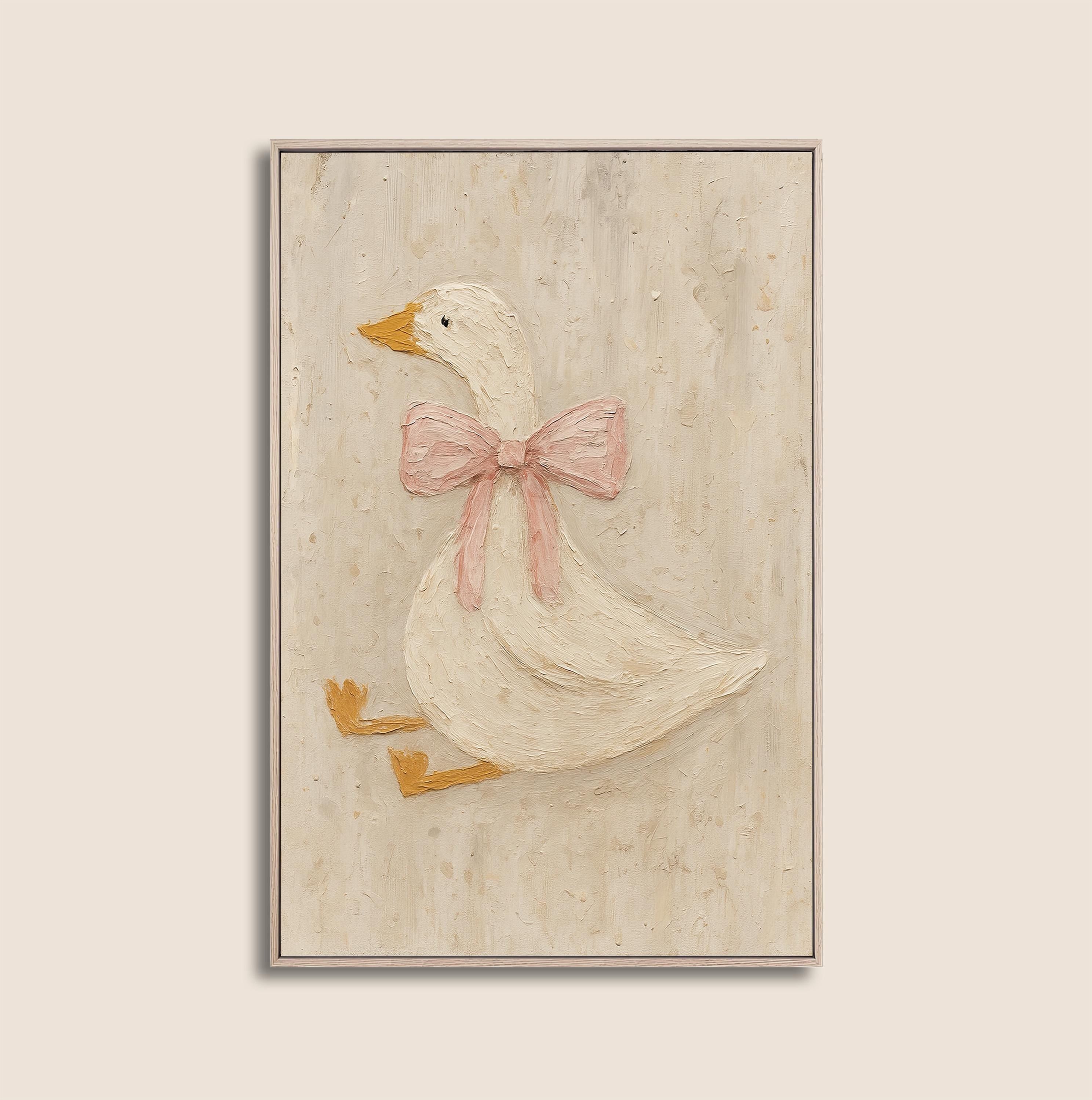 Vintage Duck Nursery Art: Canvas-Style Print with Pink Bow