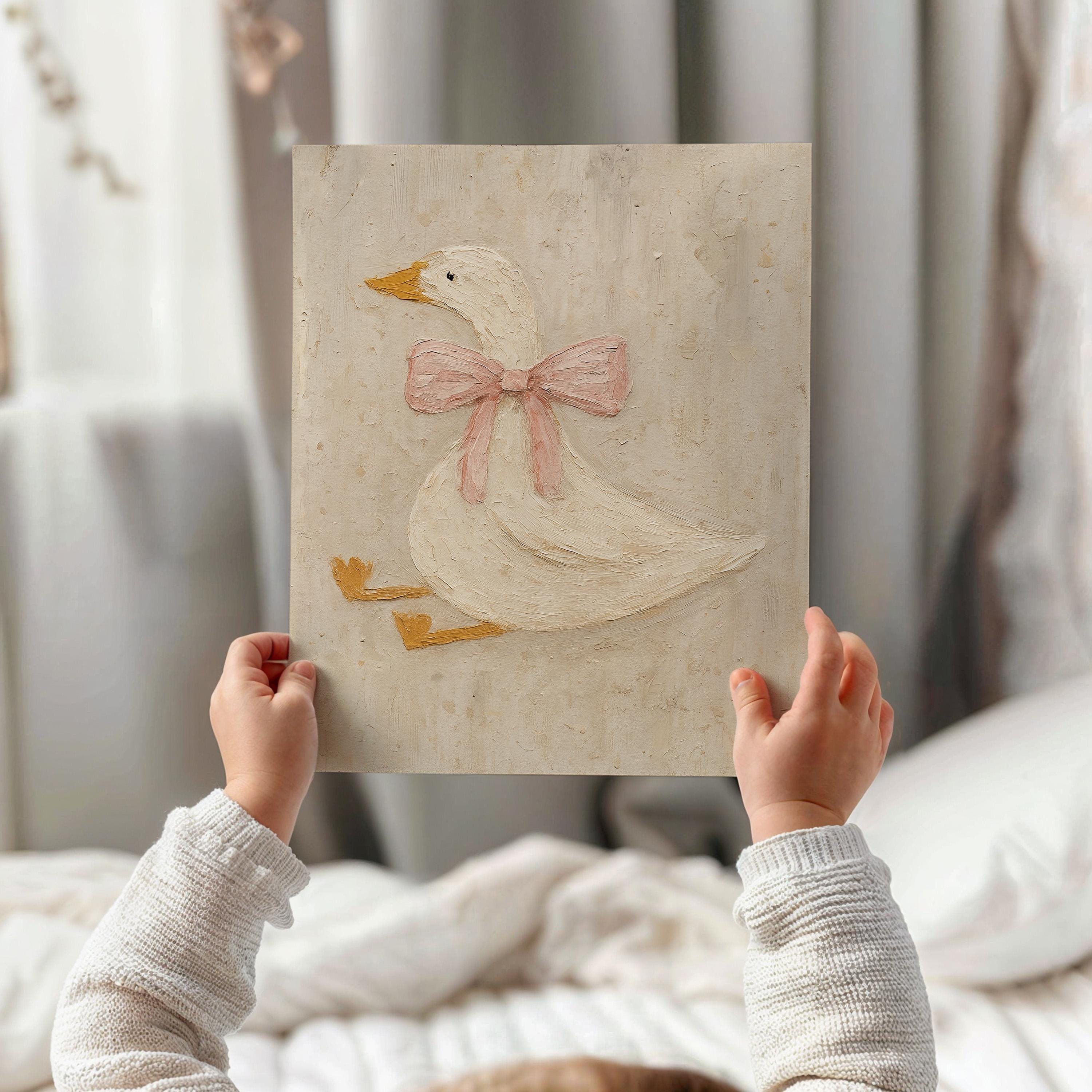 Vintage Duck Nursery Art: Canvas-Style Print with Pink Bow