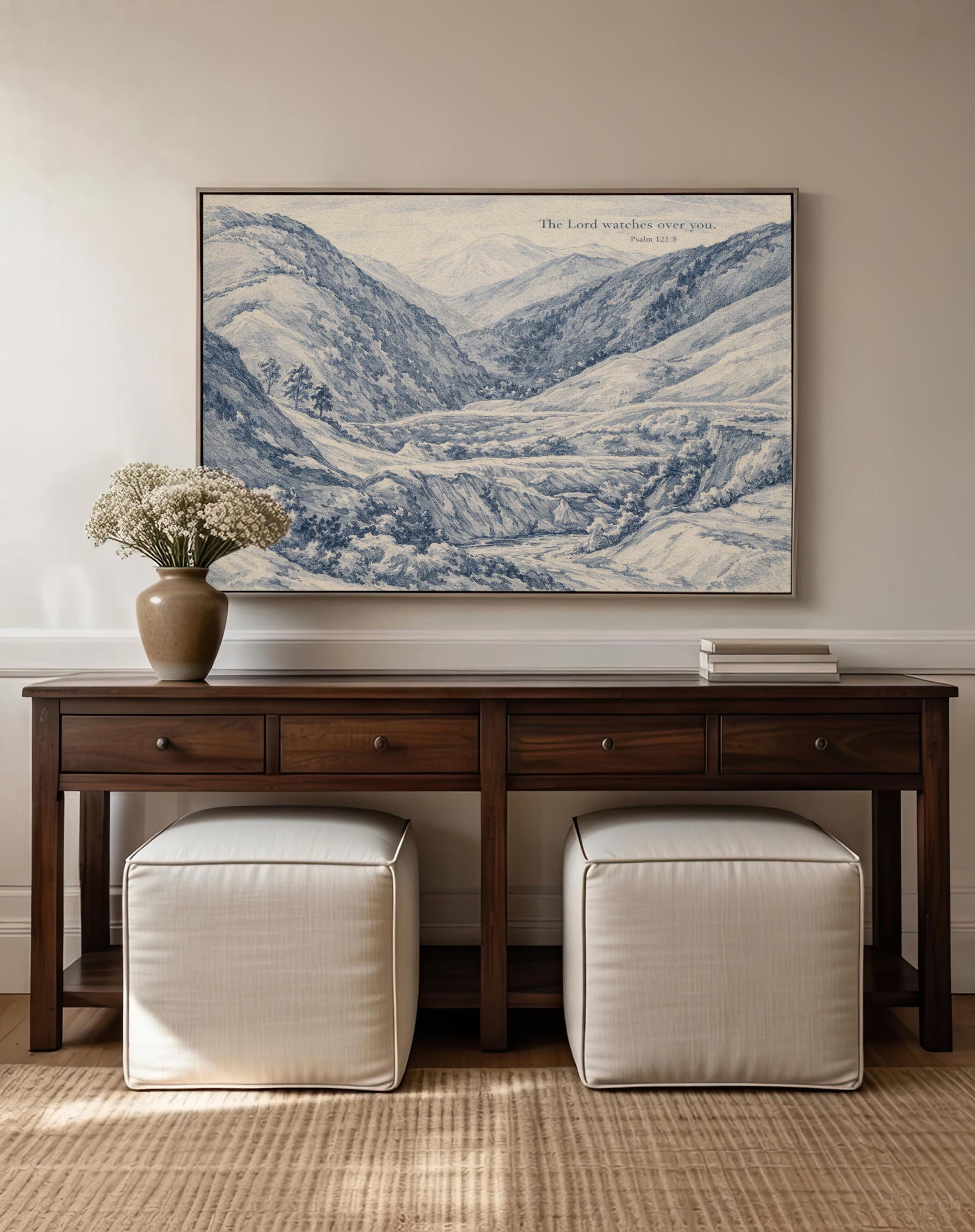 Psalm 121:5 Wall Art Print – The Lord Watches Over You – Blue Mountain Landscape Christian Wall Decor – Vintage Bible Verse Artwork