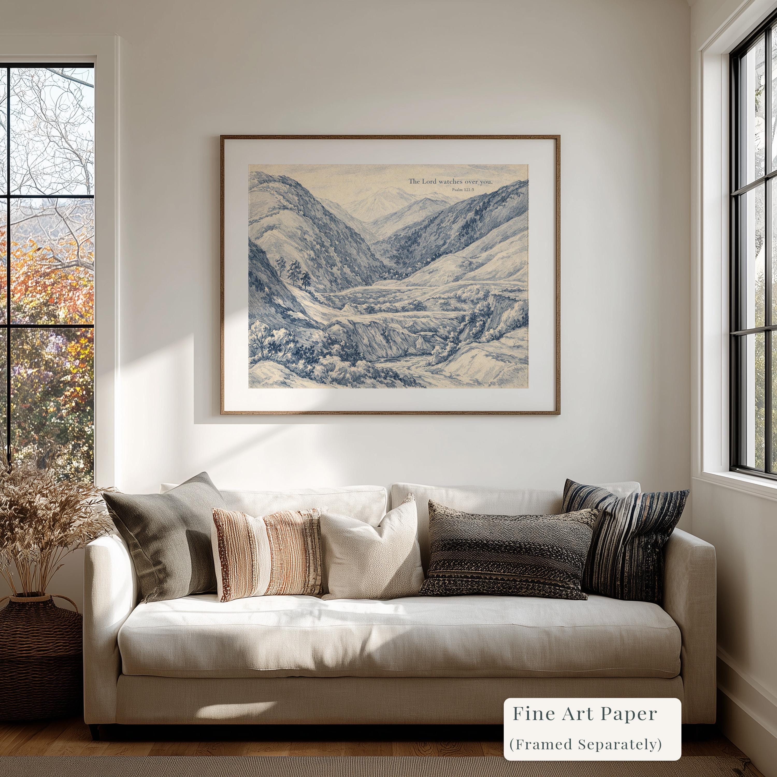 Psalm 121:5 Wall Art Print – The Lord Watches Over You – Blue Mountain Landscape Christian Wall Decor – Vintage Bible Verse Artwork