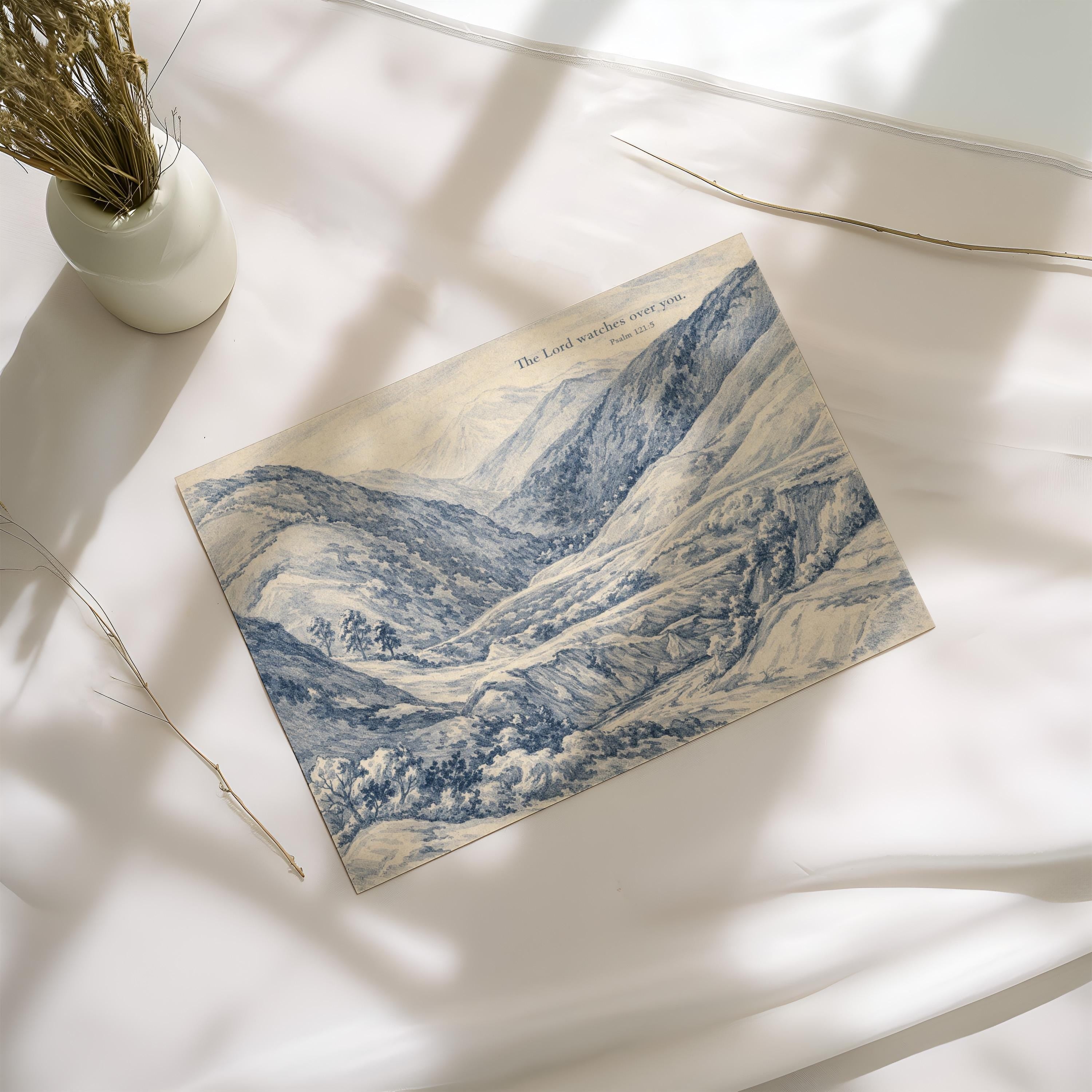 Psalm 121:5 Wall Art Print – The Lord Watches Over You – Blue Mountain Landscape Christian Wall Decor – Vintage Bible Verse Artwork