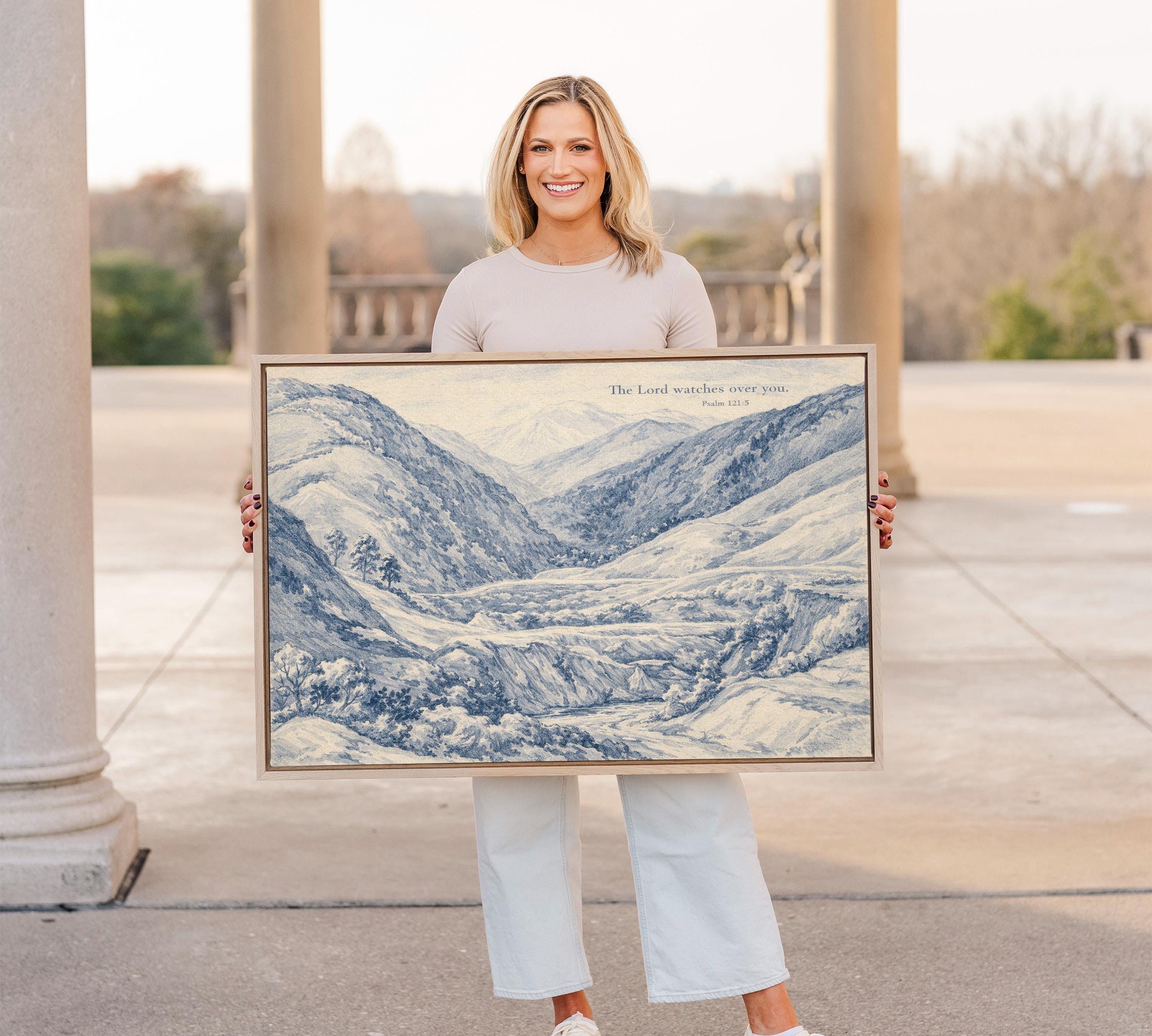 Psalm 121:5 Wall Art Print – The Lord Watches Over You – Blue Mountain Landscape Christian Wall Decor – Vintage Bible Verse Artwork