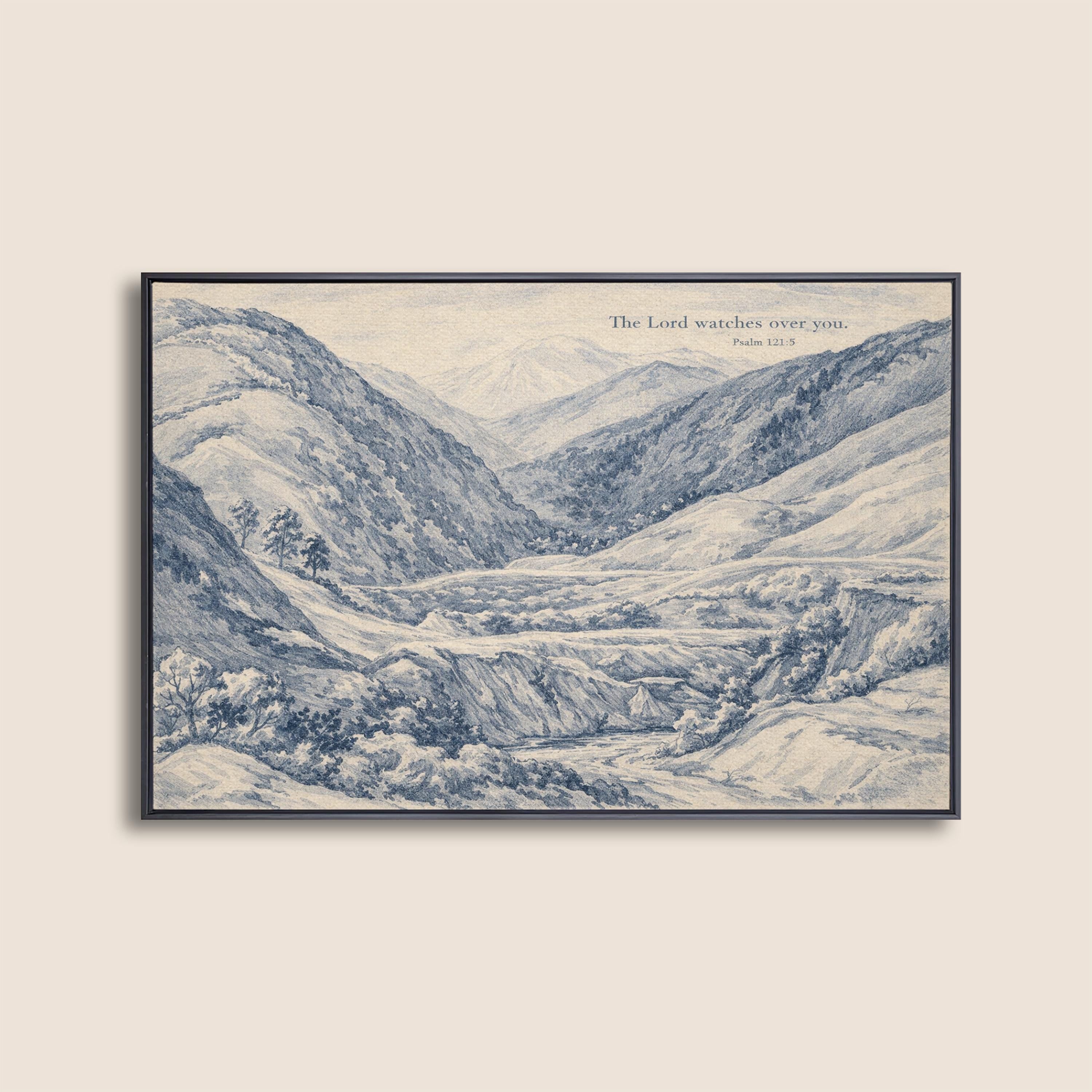 Psalm 121:5 Wall Art Print – The Lord Watches Over You – Blue Mountain Landscape Christian Wall Decor – Vintage Bible Verse Artwork