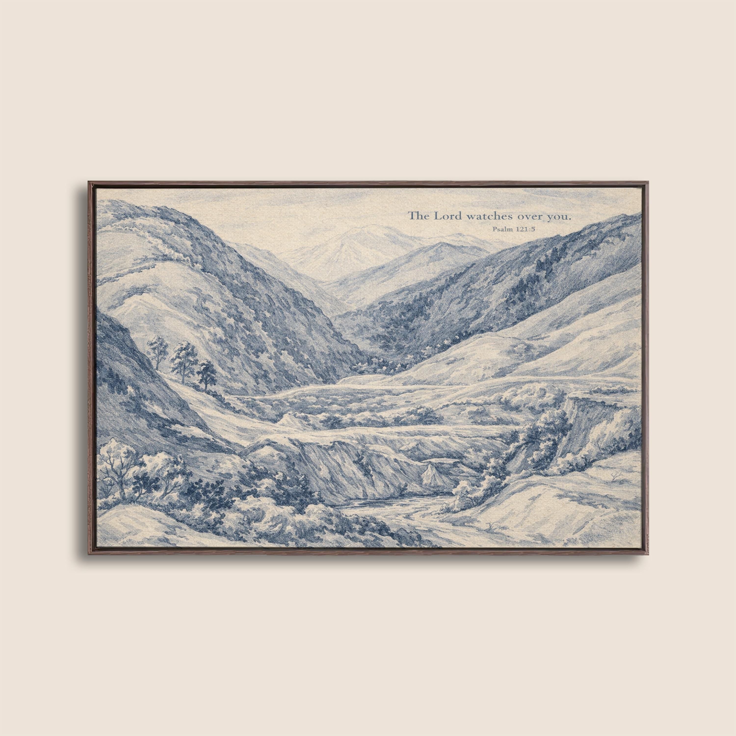 Psalm 121:5 Wall Art Print – The Lord Watches Over You – Blue Mountain Landscape Christian Wall Decor – Vintage Bible Verse Artwork