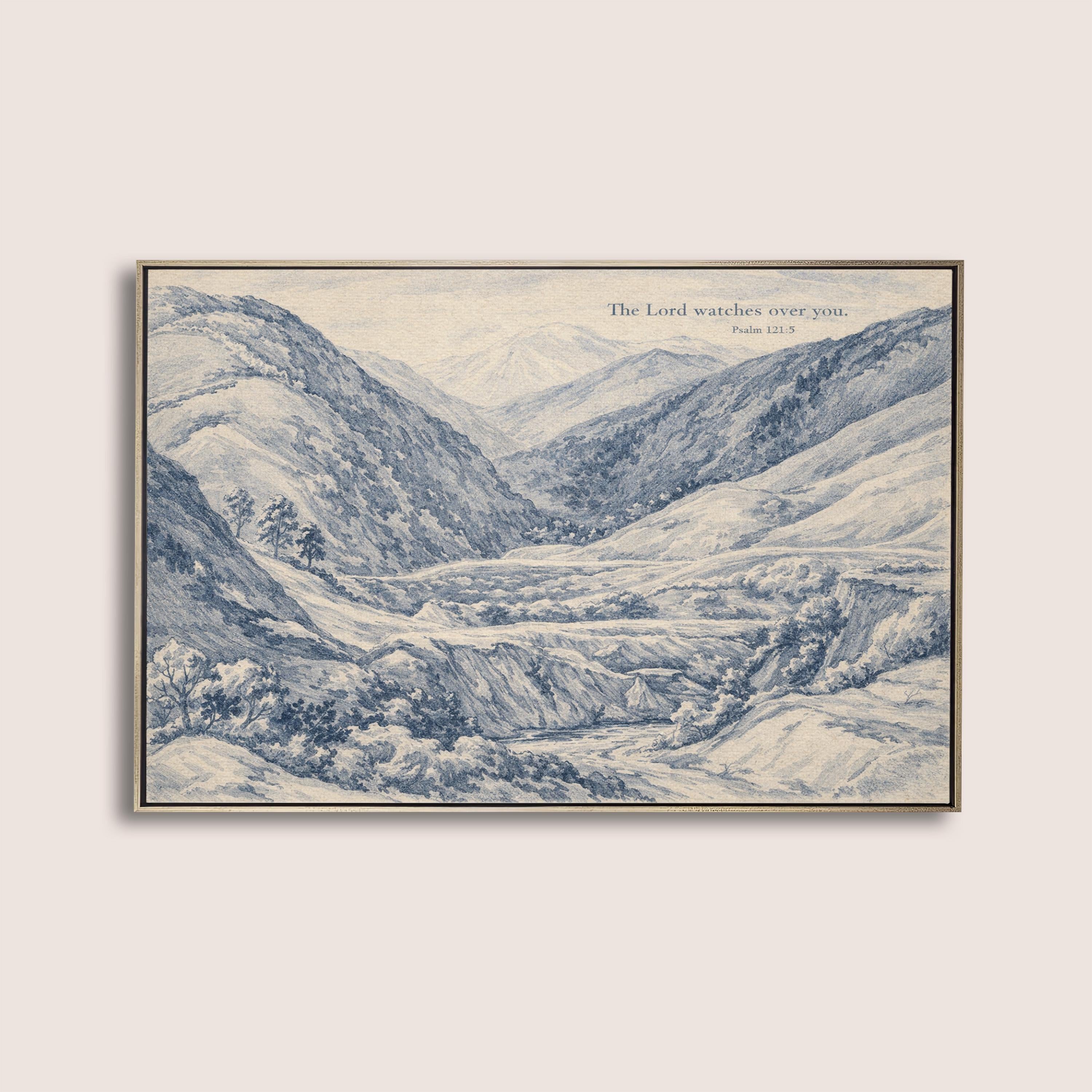 Psalm 121:5 Wall Art Print – The Lord Watches Over You – Blue Mountain Landscape Christian Wall Decor – Vintage Bible Verse Artwork