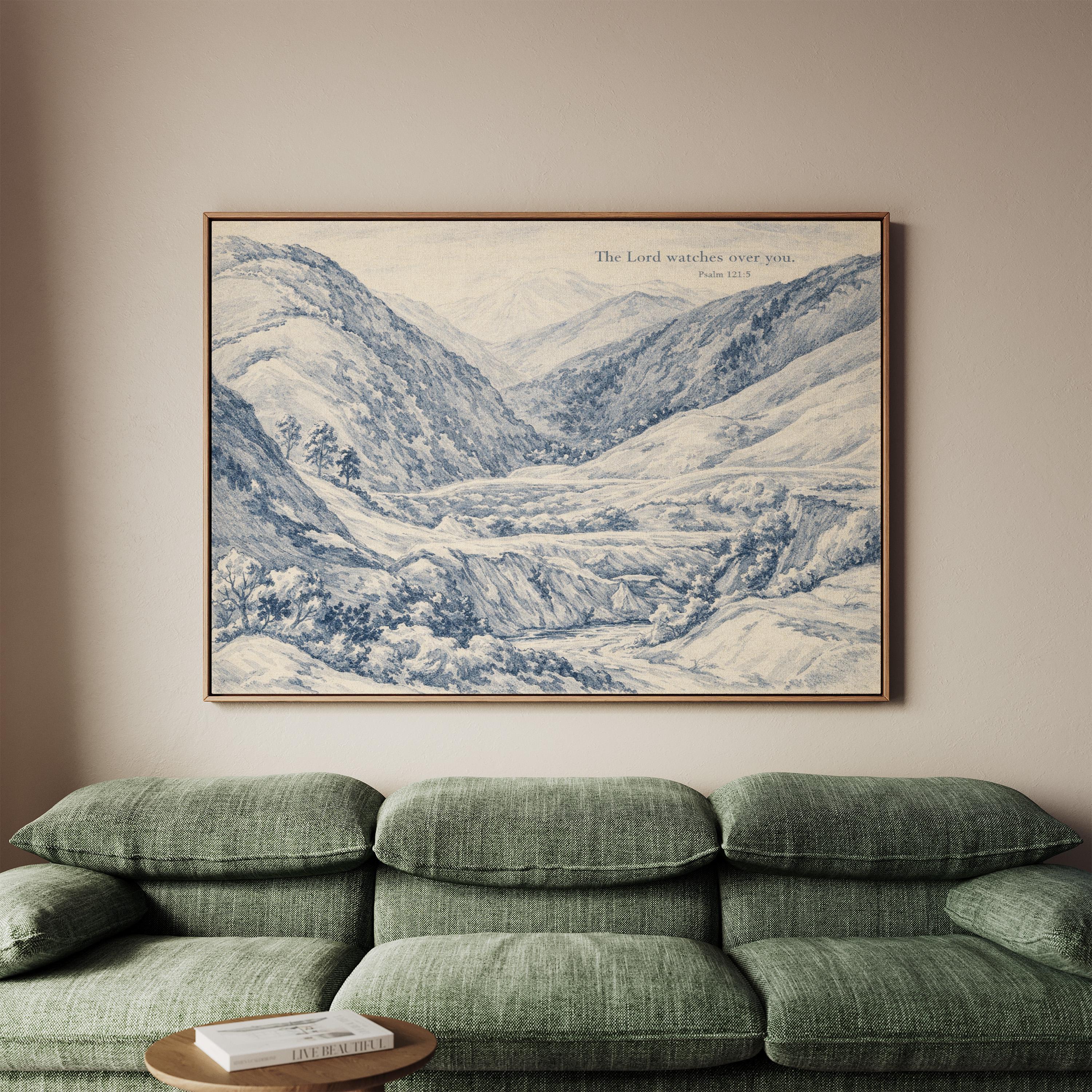 Psalm 121:5 Wall Art Print – The Lord Watches Over You – Blue Mountain Landscape Christian Wall Decor – Vintage Bible Verse Artwork