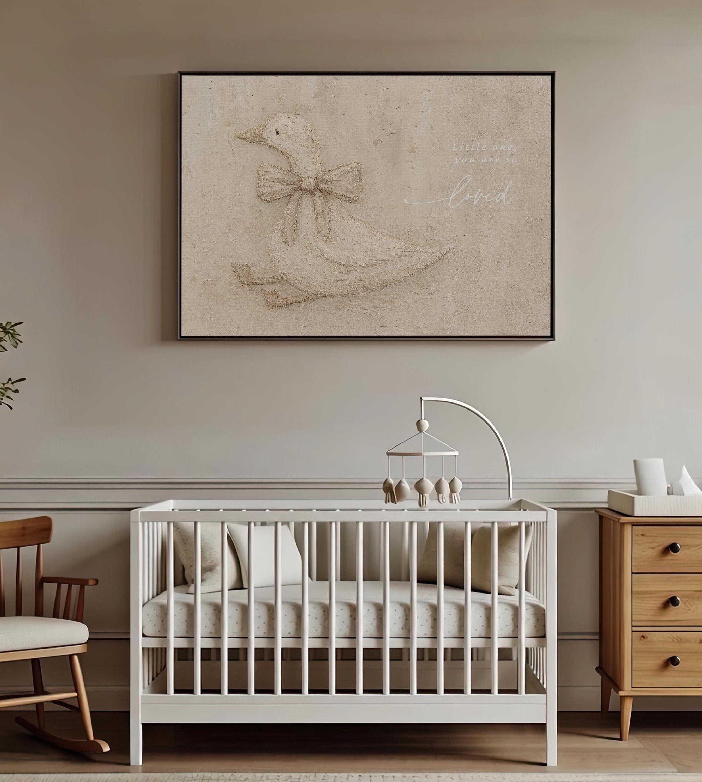 Neutral Duck Nursery Print – Little One You Are So Loved – Baby Girl Room Decor – Vintage Goose Wall Art – Soft Beige Nursery
