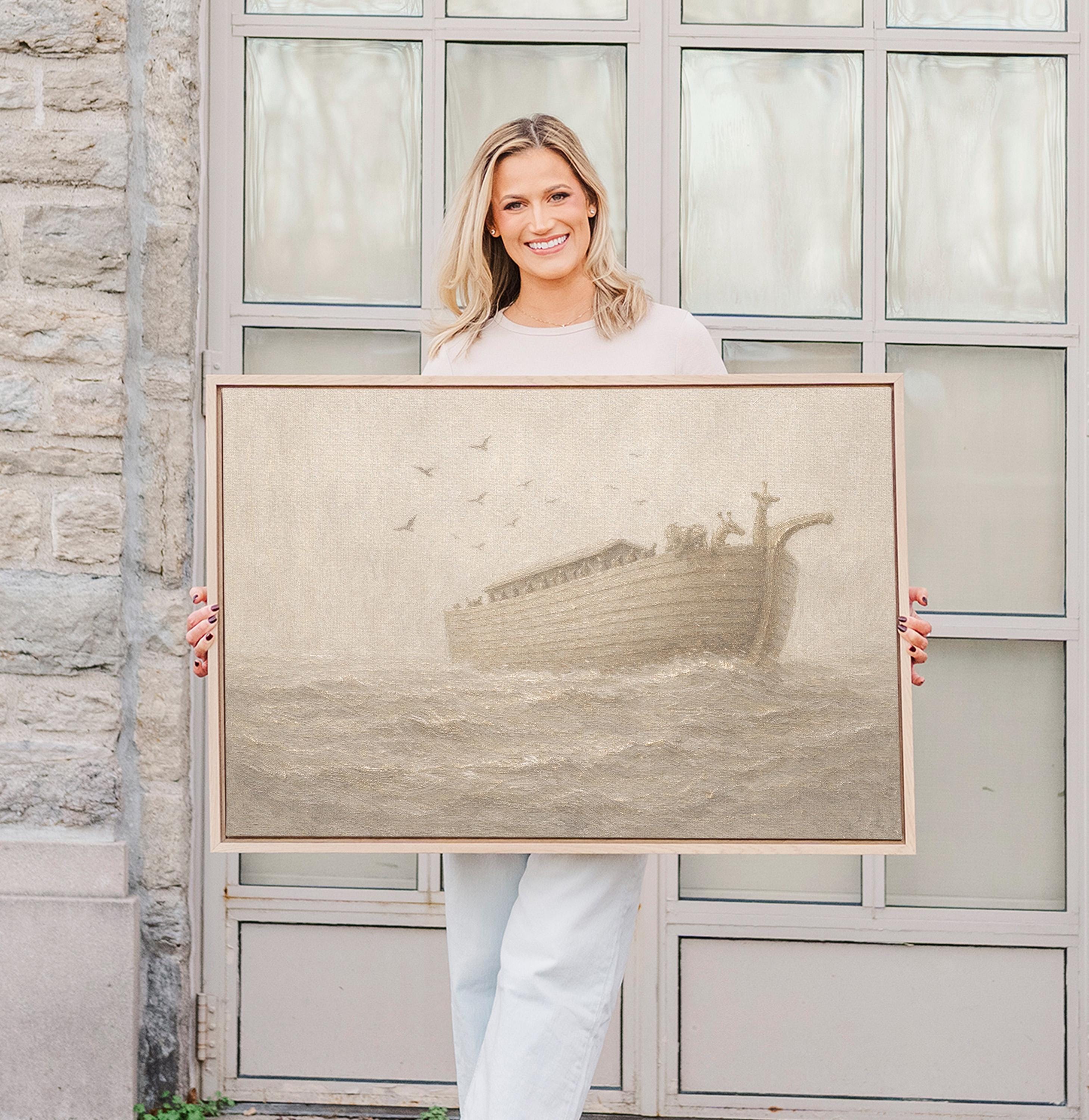 Noah’s Ark Nursery Wall Art – Neutral Christian Baby Room Decor – Vintage Bible Story Print – Beige Faith Nursery