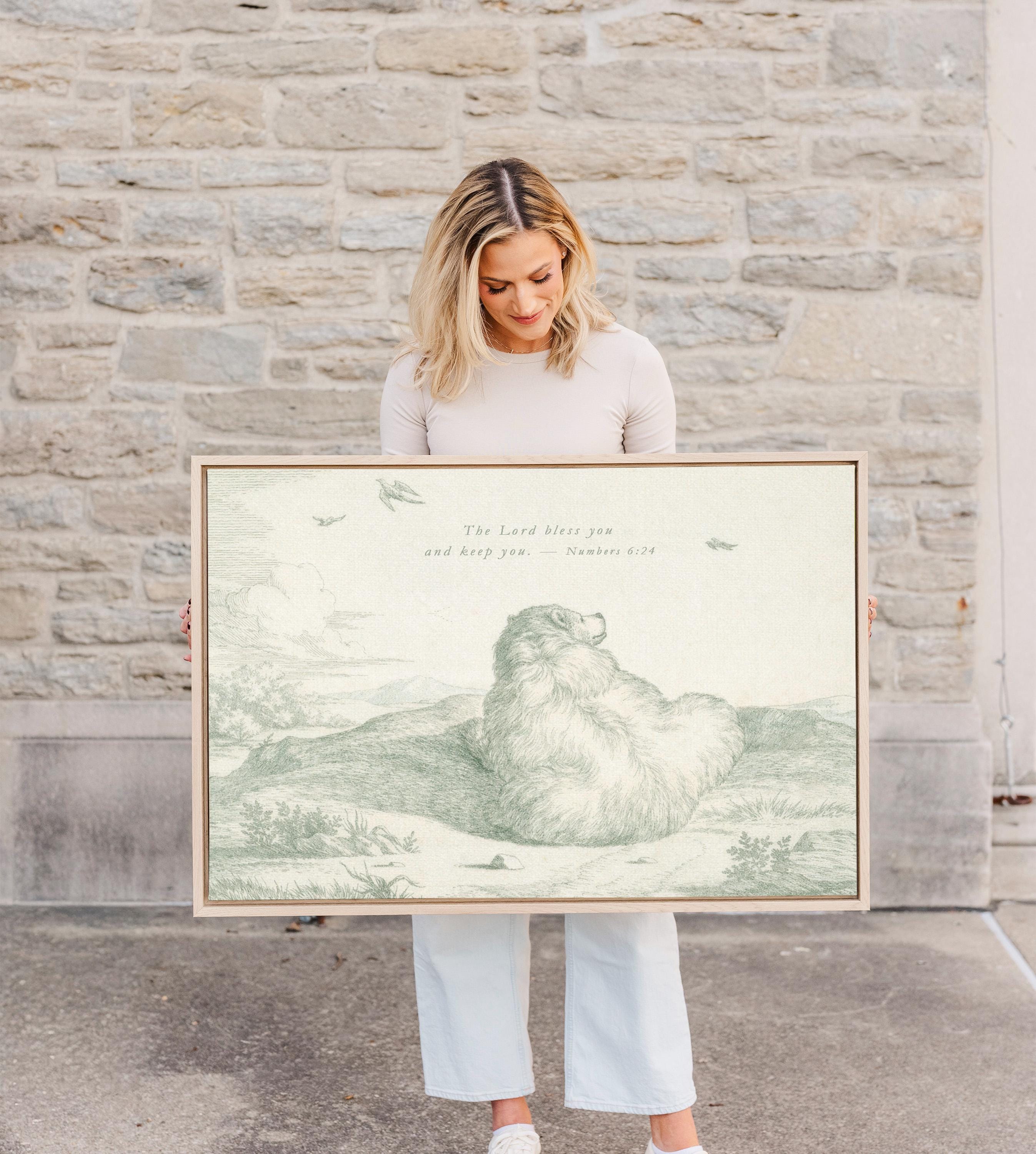 The Lord Bless You and Keep You Nursery Wall Art | Vintage Bear Christian Baby Room Decor | Numbers 6:24 Neutral Sage Printable