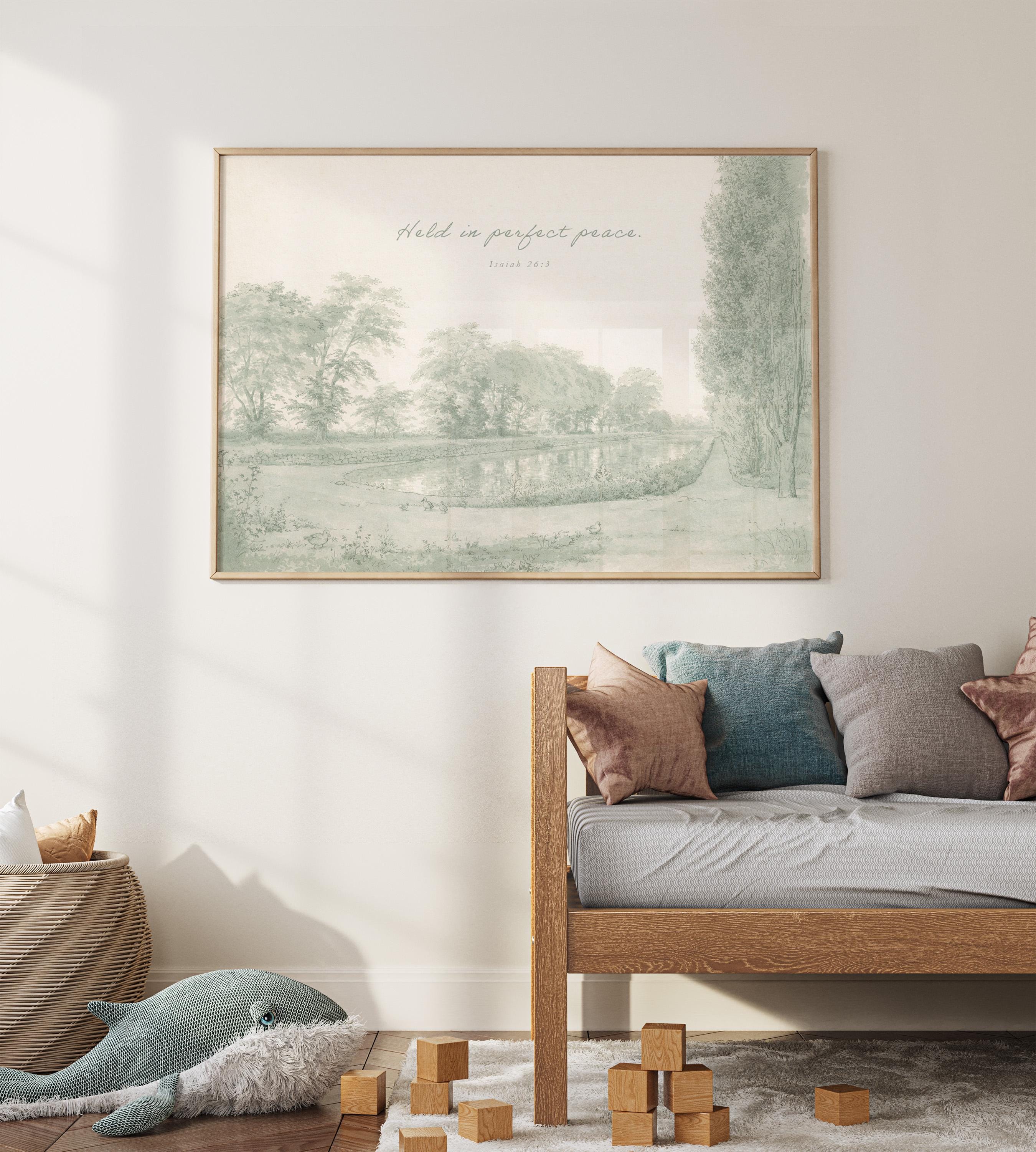 Held in Perfect Peace Nursery Wall Art | Isaiah 26:3 Christian Nursery Room Decor | Vintage Landscape Neutral Sage Print