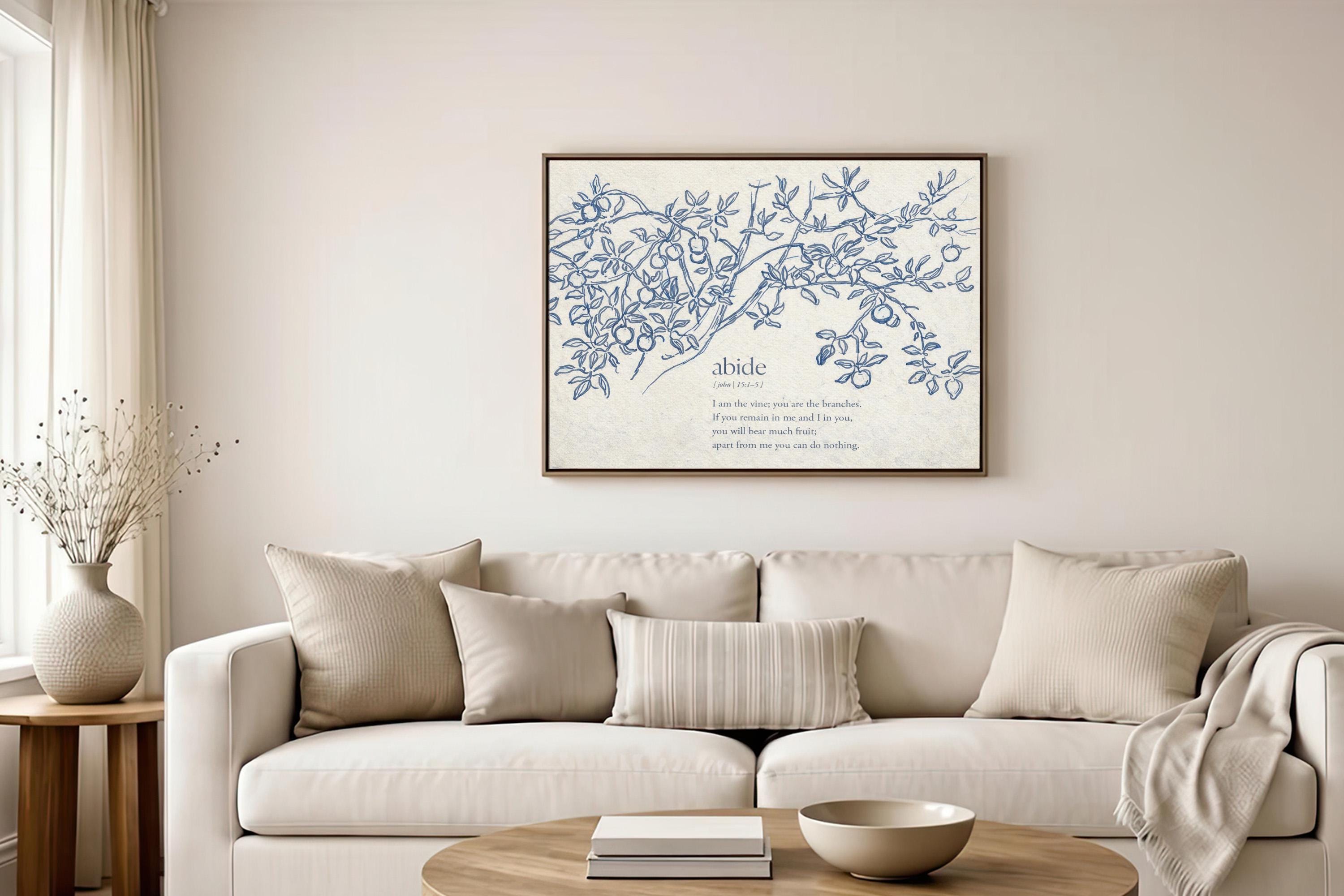John 15:5 Abide in Me Print – Neutral Christian Wall Art – Vintage Vine Botanical Scripture – Faith Based Farmhouse Home Decor