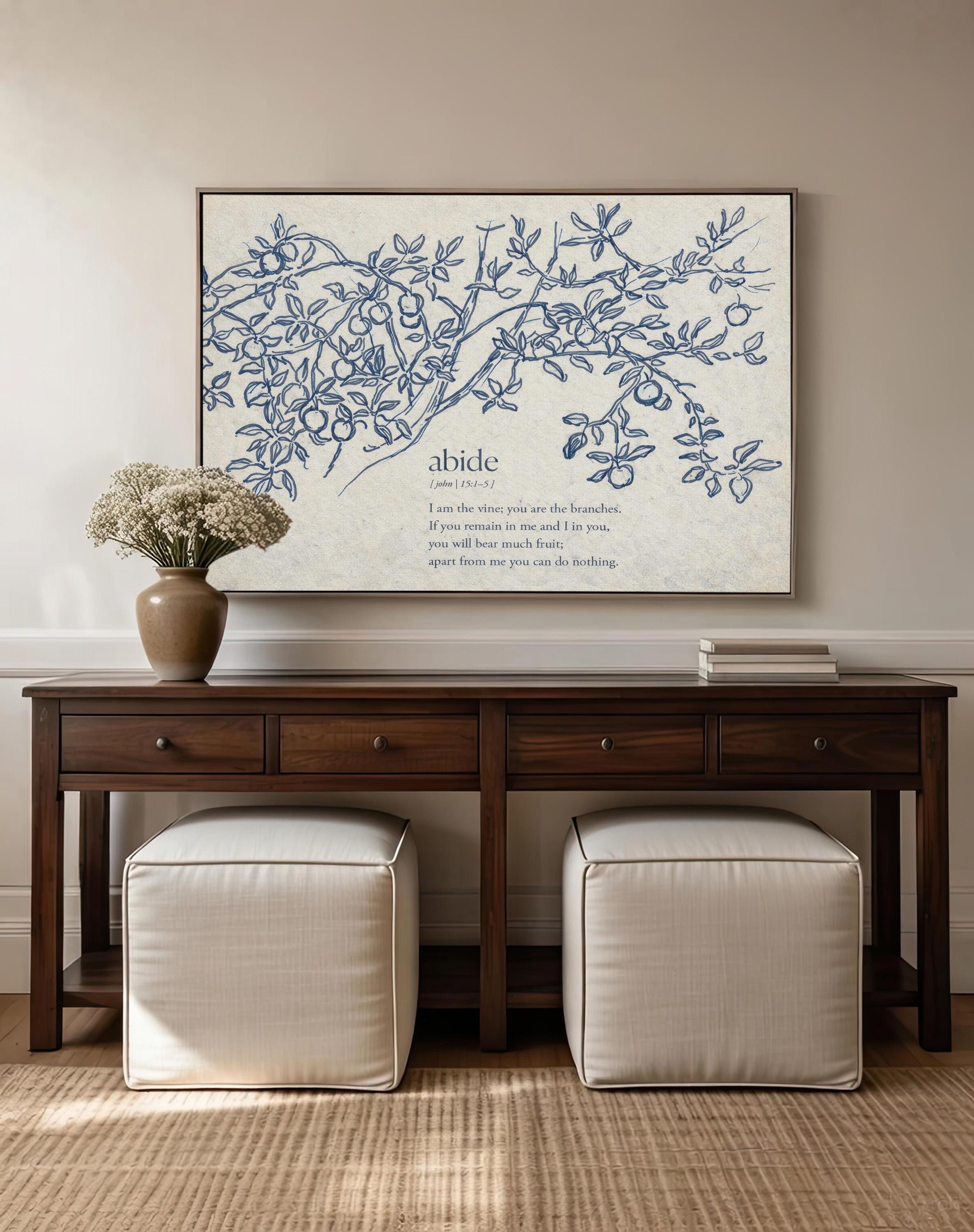 John 15:5 Abide in Me Print – Neutral Christian Wall Art – Vintage Vine Botanical Scripture – Faith Based Farmhouse Home Decor