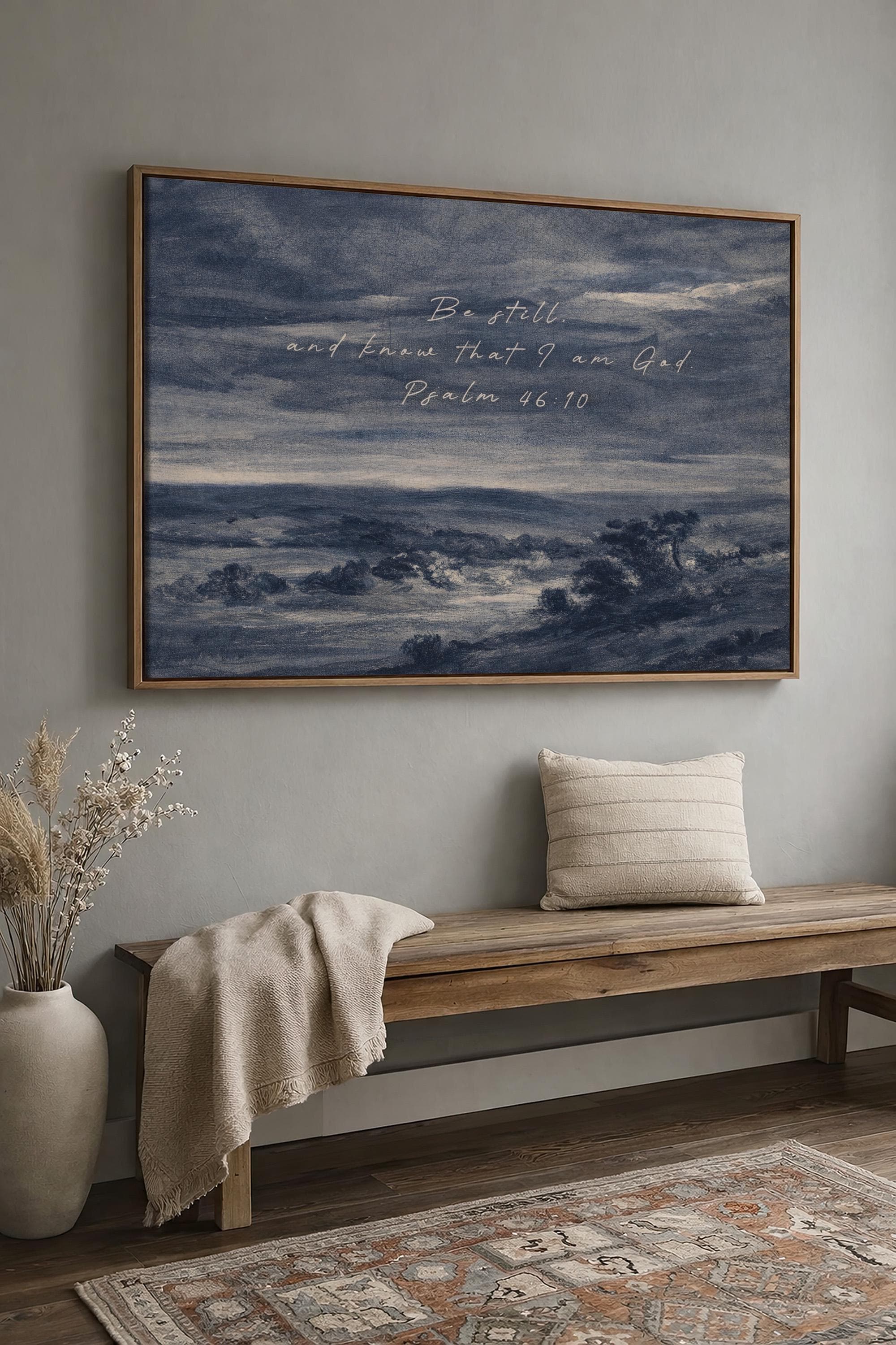 Be Still Wall Art – Psalm 46:10 Scripture Print – Neutral Christian Wall Decor – Moody Coastal Faith Artwork – Farmhouse Bible Verse Art