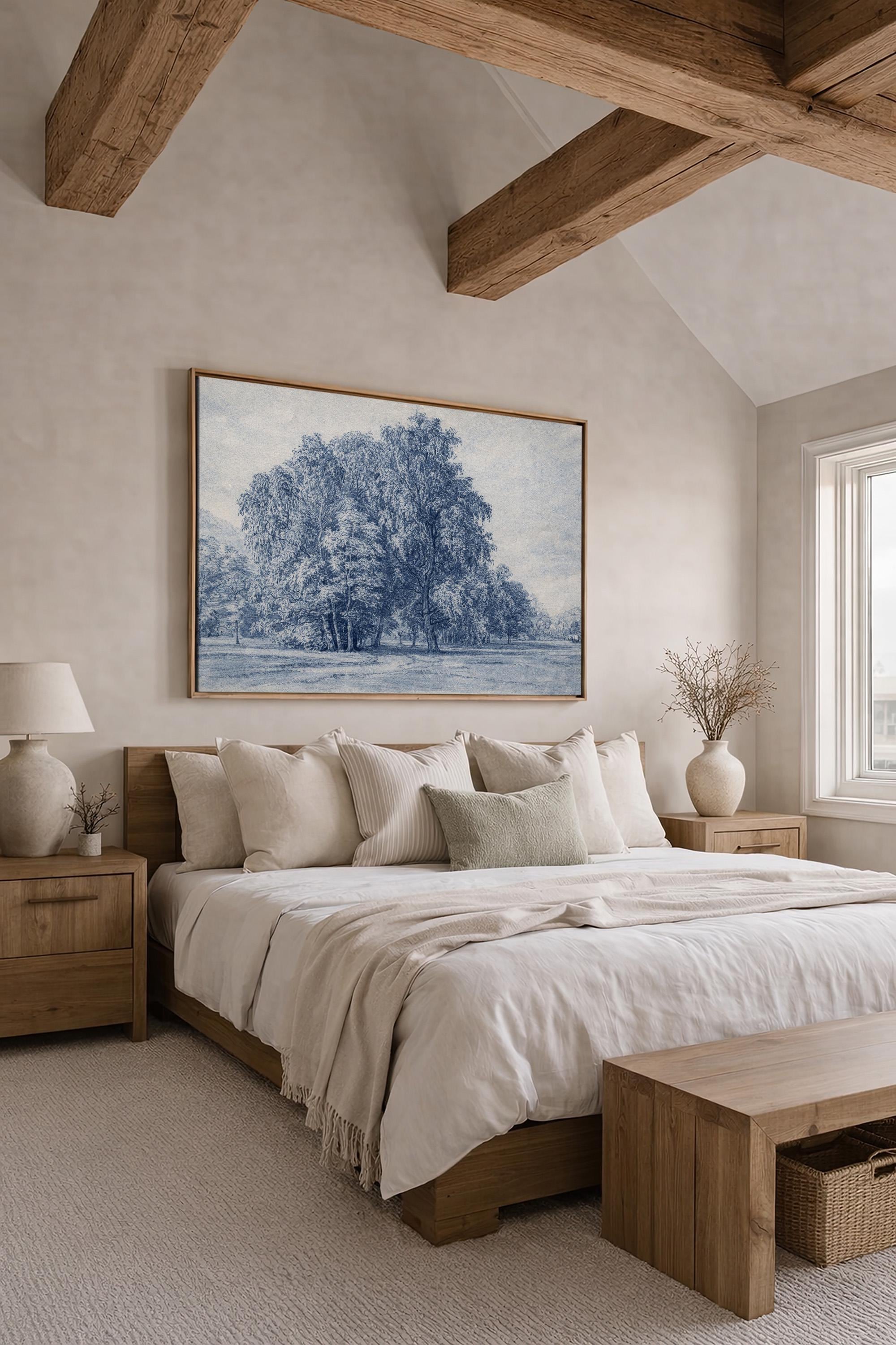 Blue Vintage Landscape Wall Art – Neutral French Country Tree Print – Moody Farmhouse Wall Decor – Classic European Pastoral Artwork