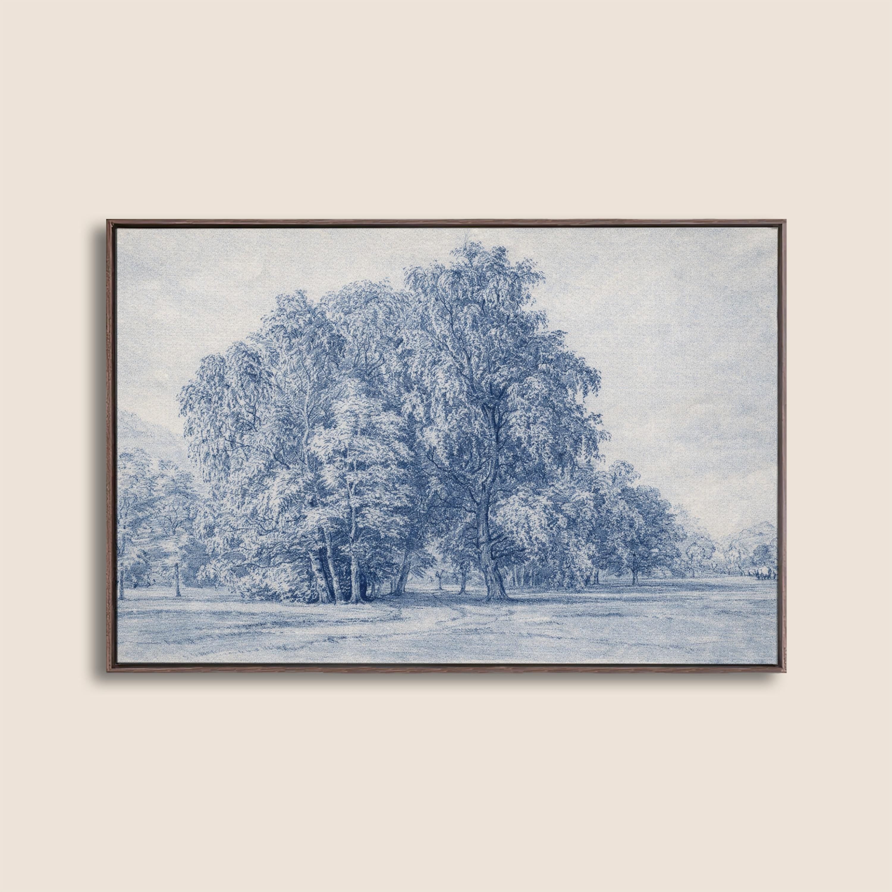 Blue Vintage Landscape Wall Art – Neutral French Country Tree Print – Moody Farmhouse Wall Decor – Classic European Pastoral Artwork