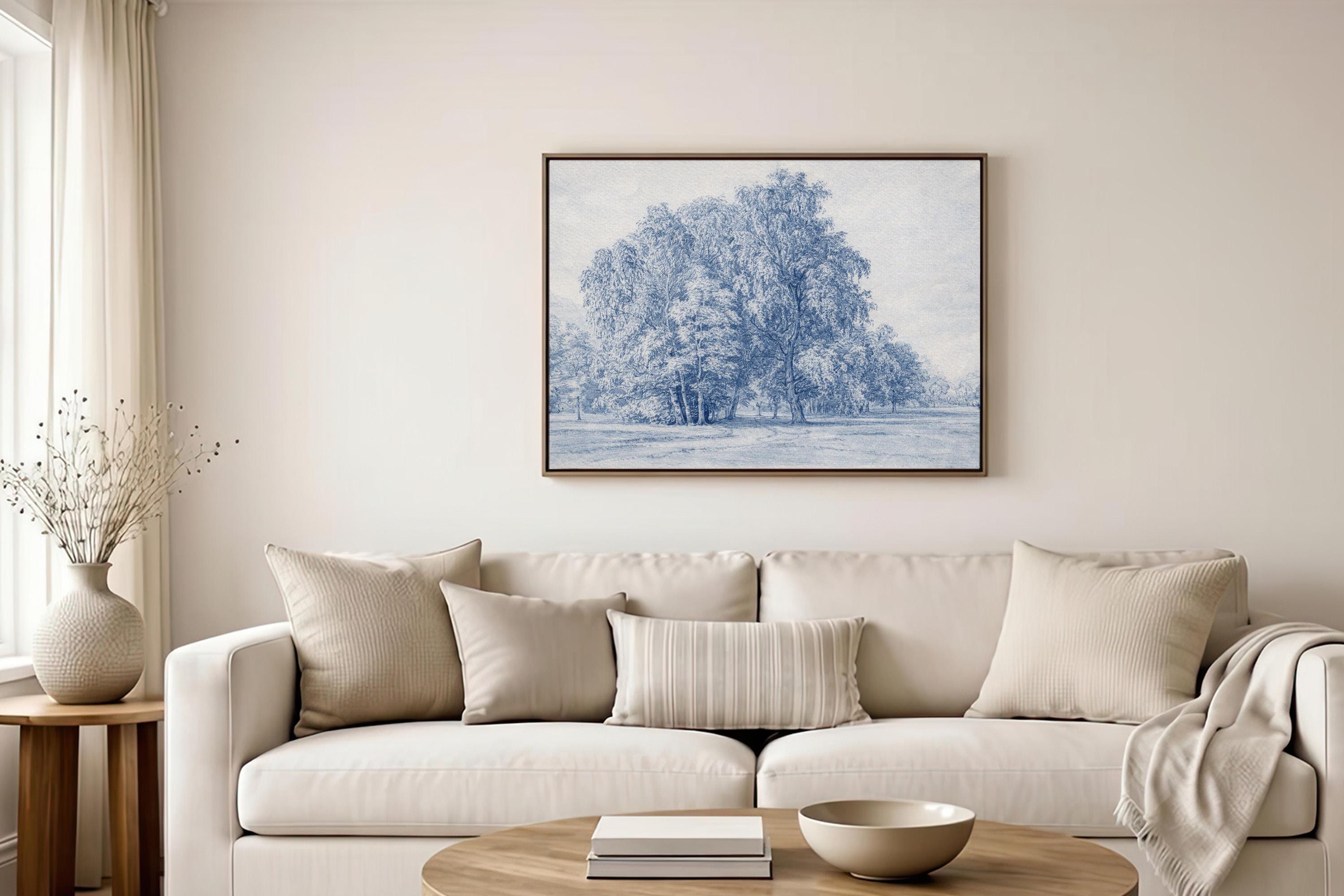 Blue Vintage Landscape Wall Art – Neutral French Country Tree Print – Moody Farmhouse Wall Decor – Classic European Pastoral Artwork