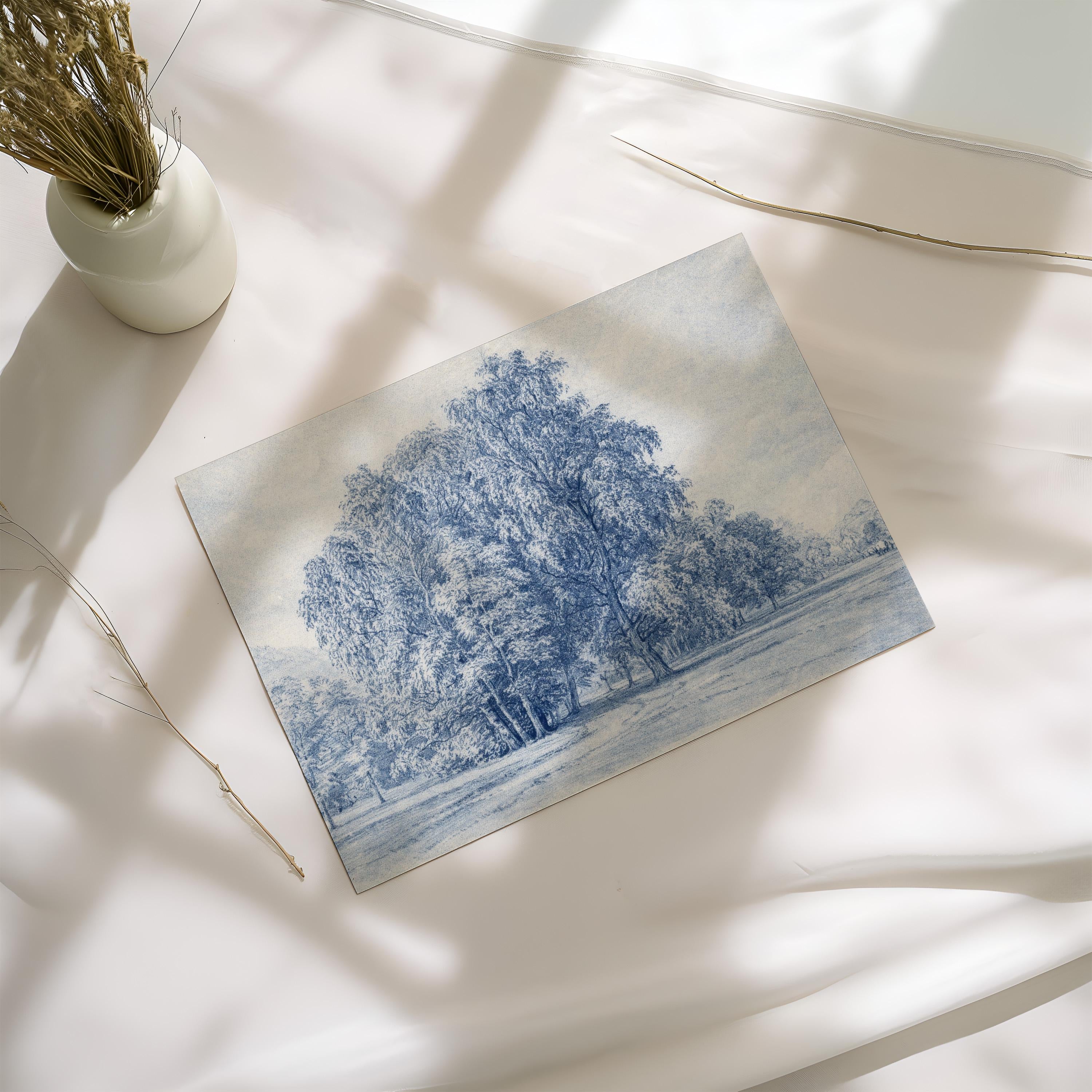 Blue Vintage Landscape Wall Art – Neutral French Country Tree Print – Moody Farmhouse Wall Decor – Classic European Pastoral Artwork