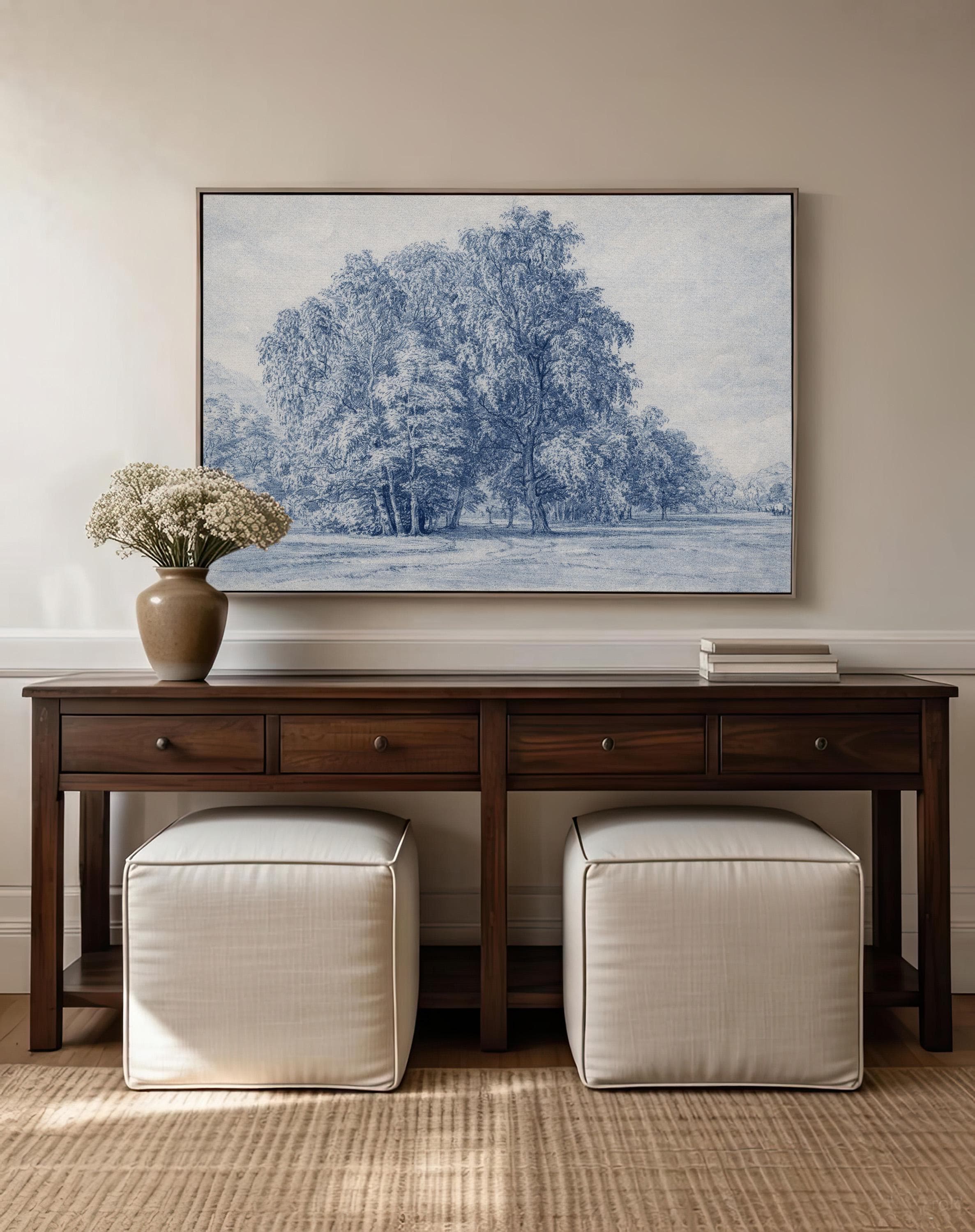 Blue Vintage Landscape Wall Art – Neutral French Country Tree Print – Moody Farmhouse Wall Decor – Classic European Pastoral Artwork