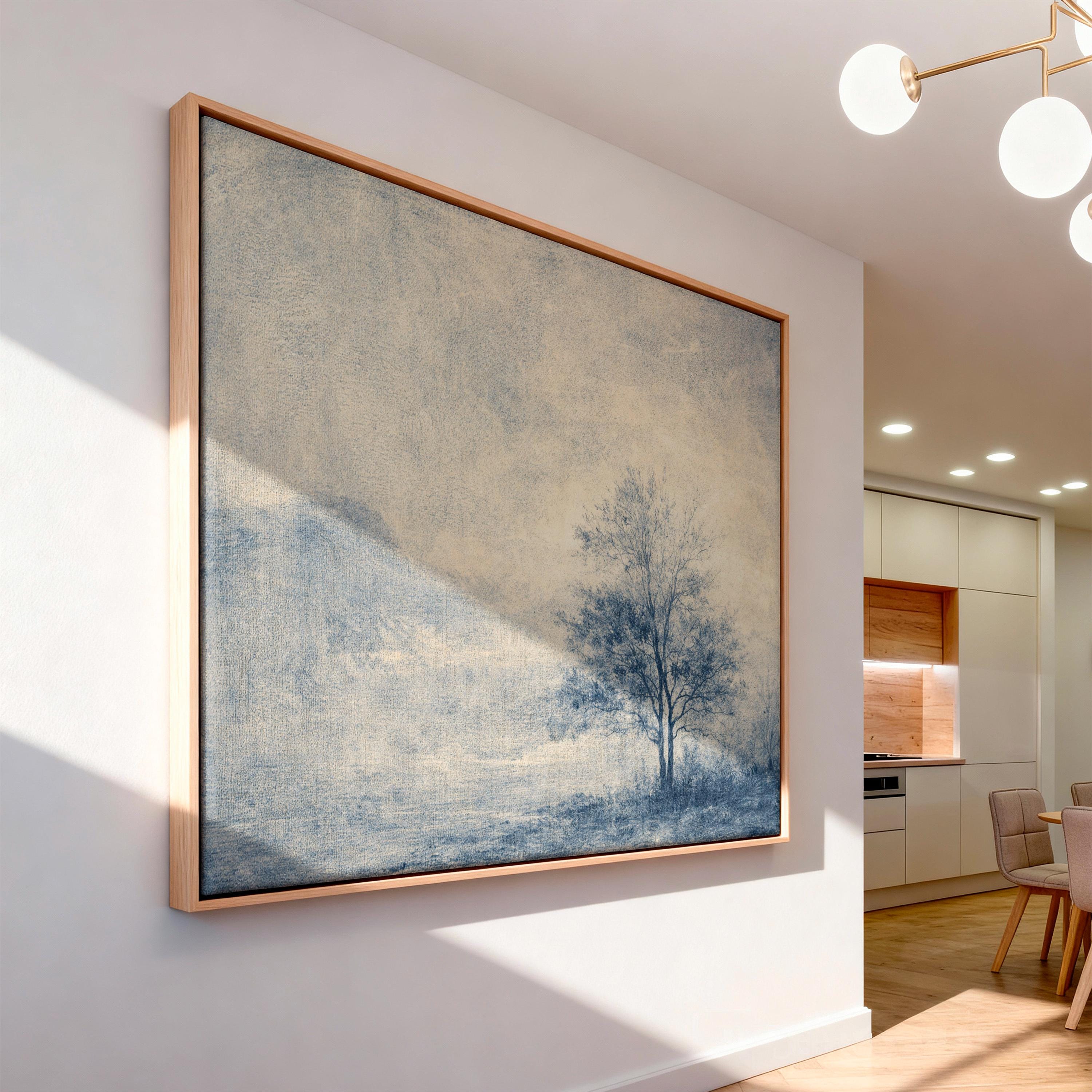 Blue Landscape Wall Art Print, Neutral Wall Decor for Living Room, Vintage Minimalist Canvas Art