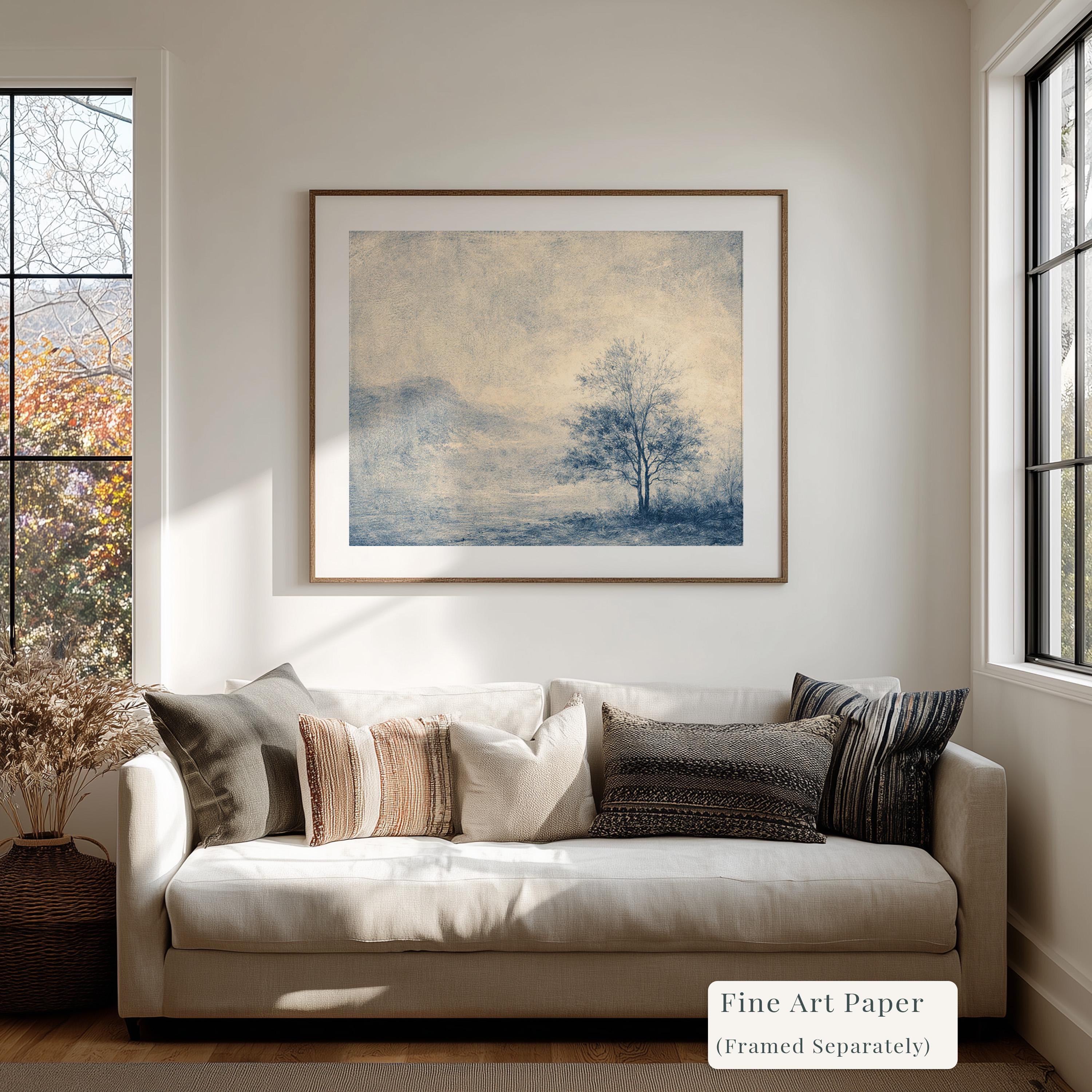 Blue Landscape Wall Art Print, Neutral Wall Decor for Living Room, Vintage Minimalist Canvas Art