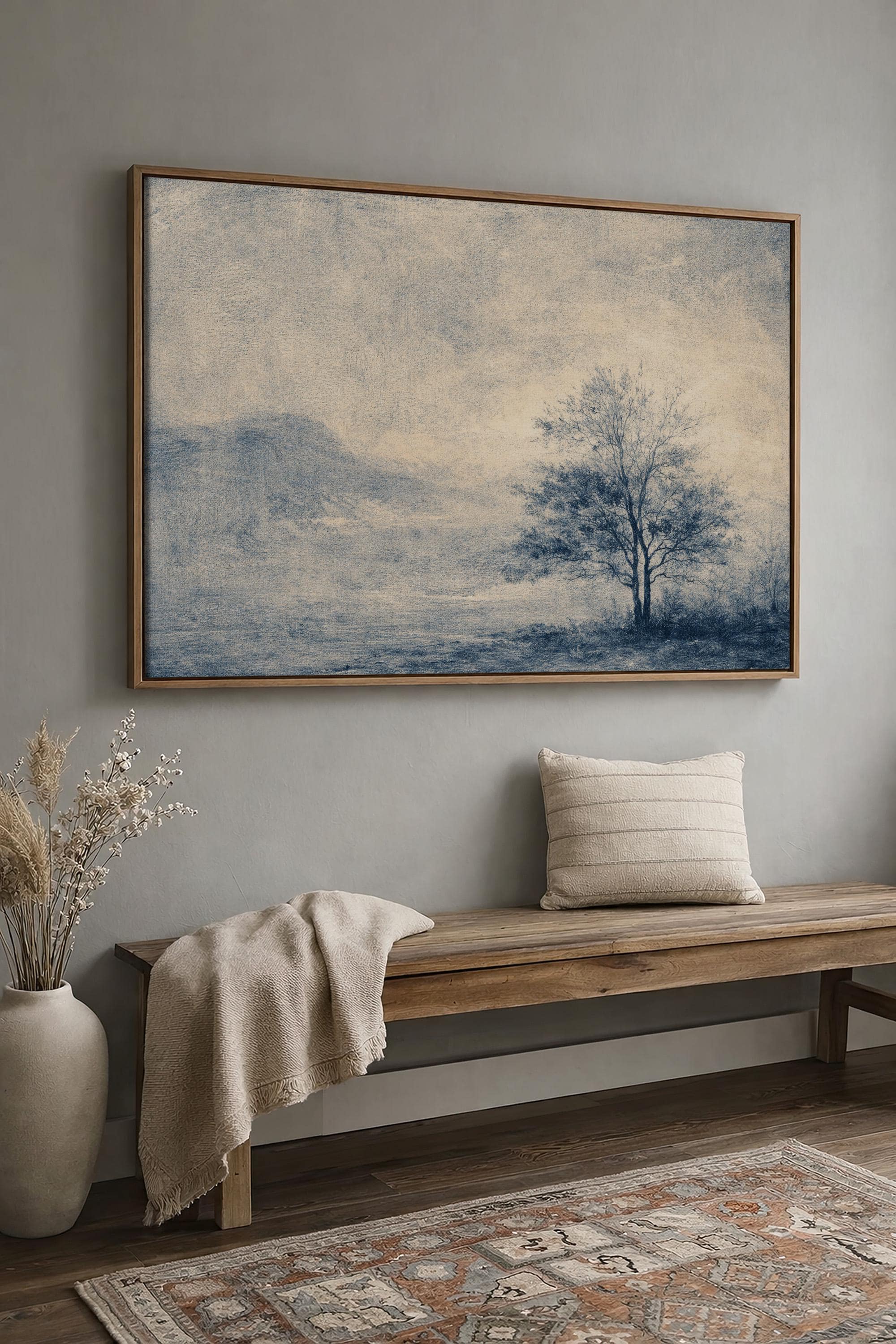 Blue Landscape Wall Art Print, Neutral Wall Decor for Living Room, Vintage Minimalist Canvas Art