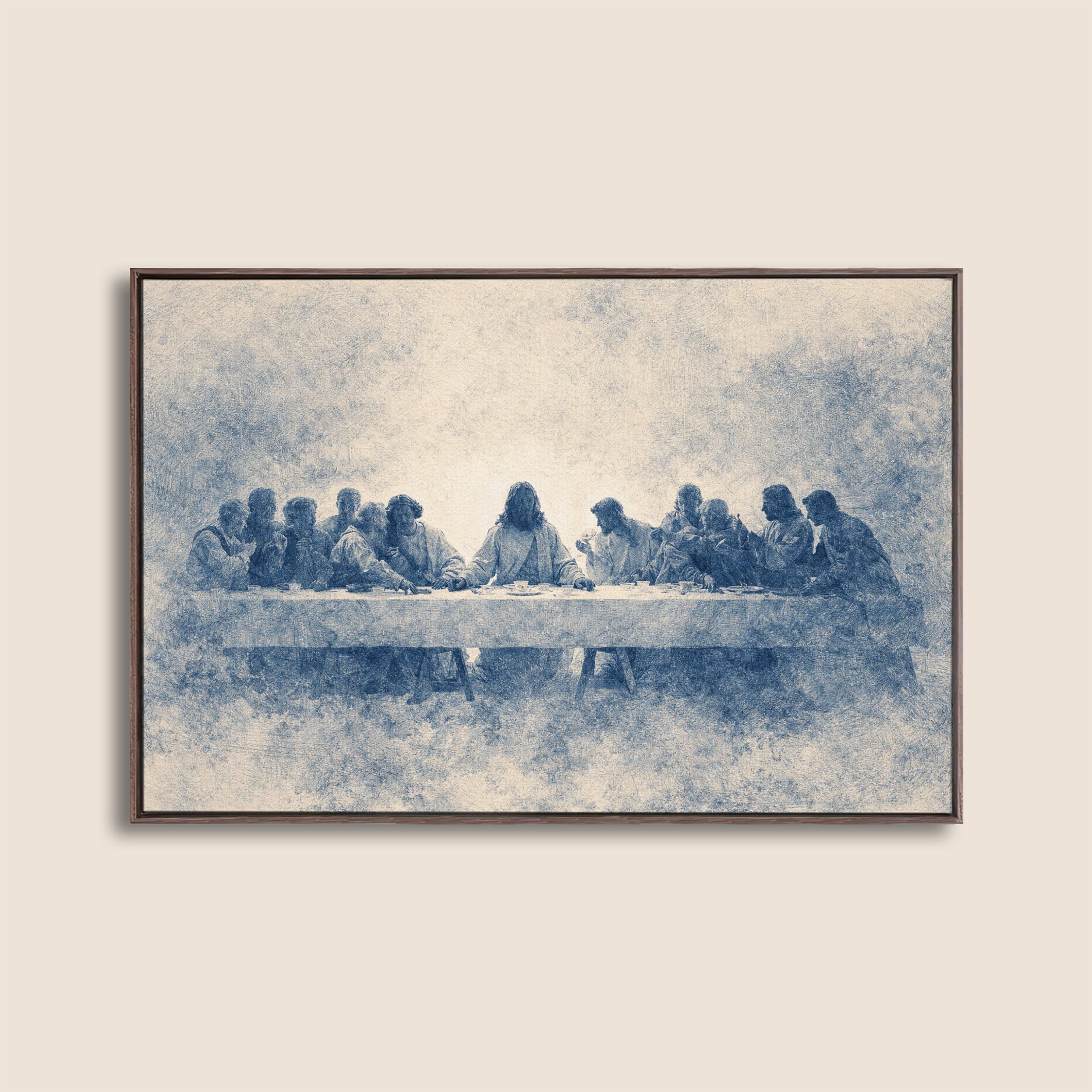 Last Supper Wall Art Print, Blue Vintage Christian Canvas, Neutral Religious Wall Decor, Large Biblical Artwork for Dining Room