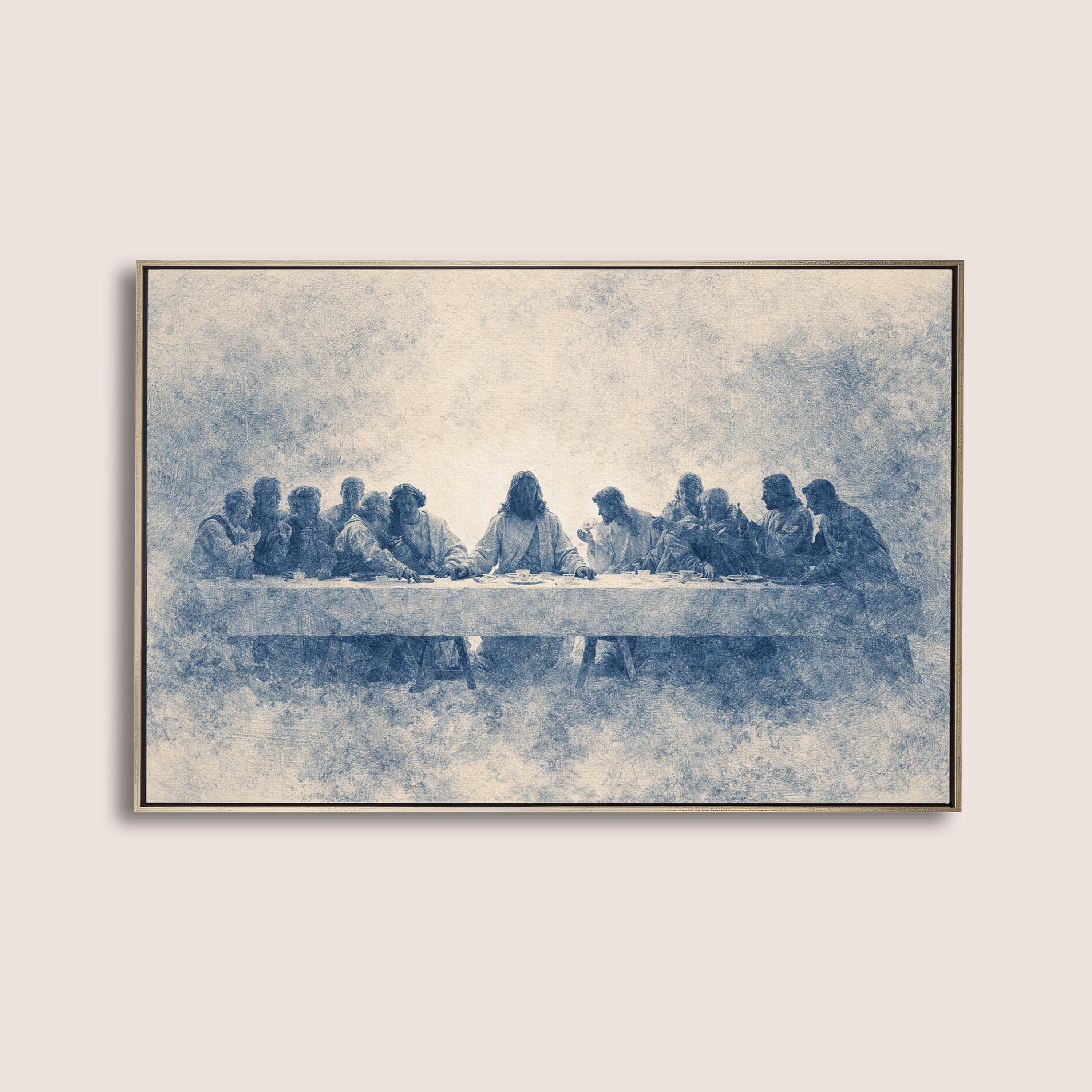 Last Supper Wall Art Print, Blue Vintage Christian Canvas, Neutral Religious Wall Decor, Large Biblical Artwork for Dining Room