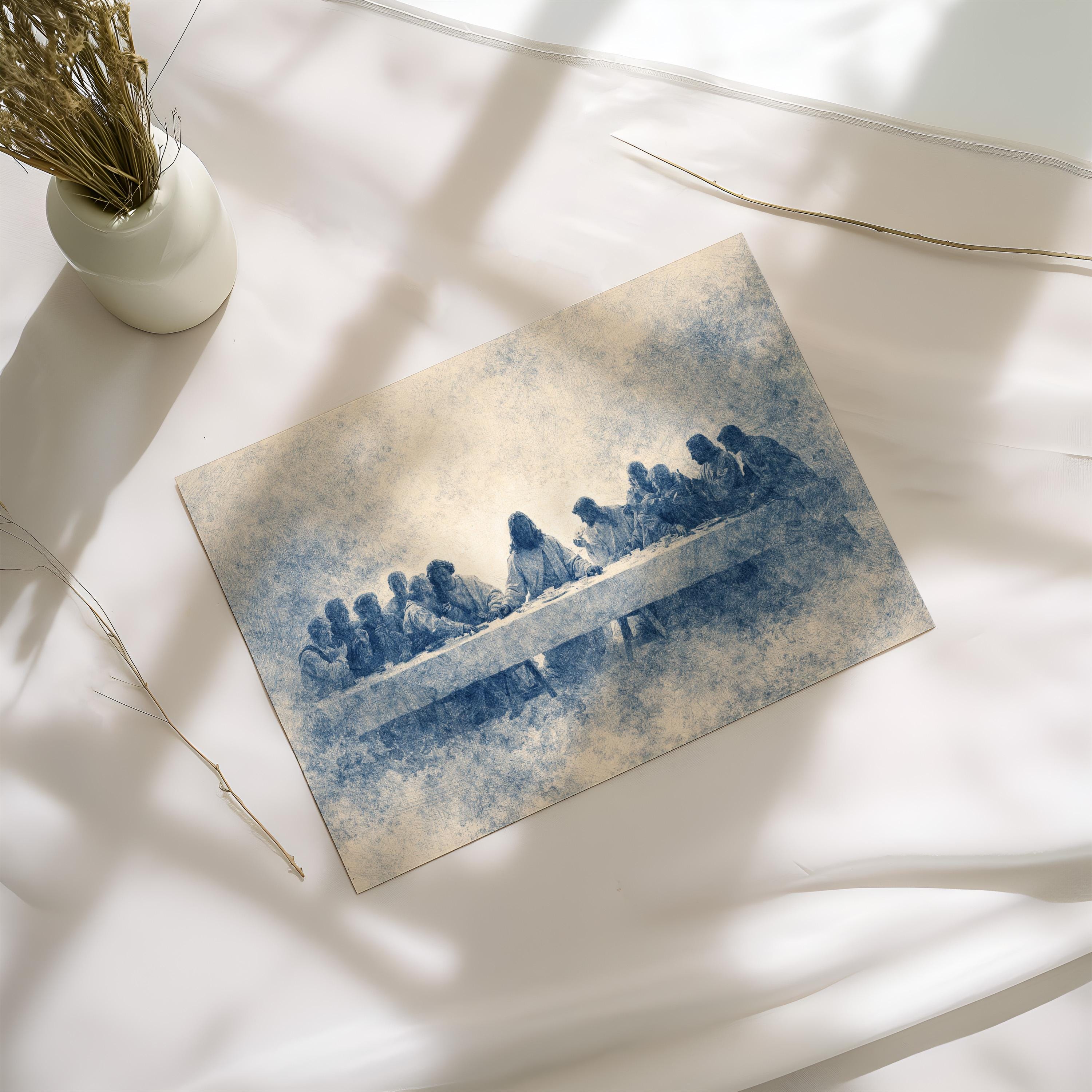 Last Supper Wall Art Print, Blue Vintage Christian Canvas, Neutral Religious Wall Decor, Large Biblical Artwork for Dining Room