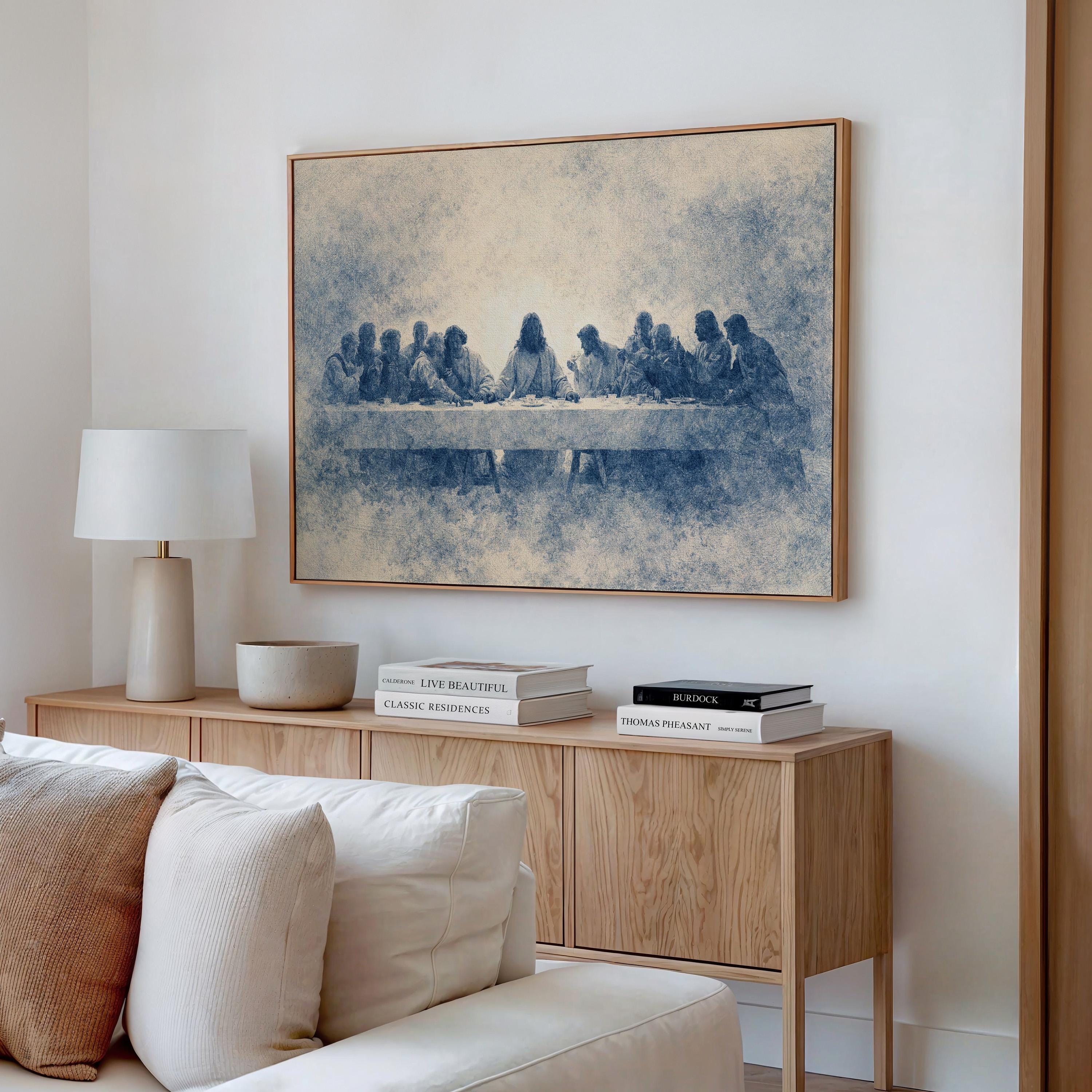 Last Supper Wall Art Print, Blue Vintage Christian Canvas, Neutral Religious Wall Decor, Large Biblical Artwork for Dining Room