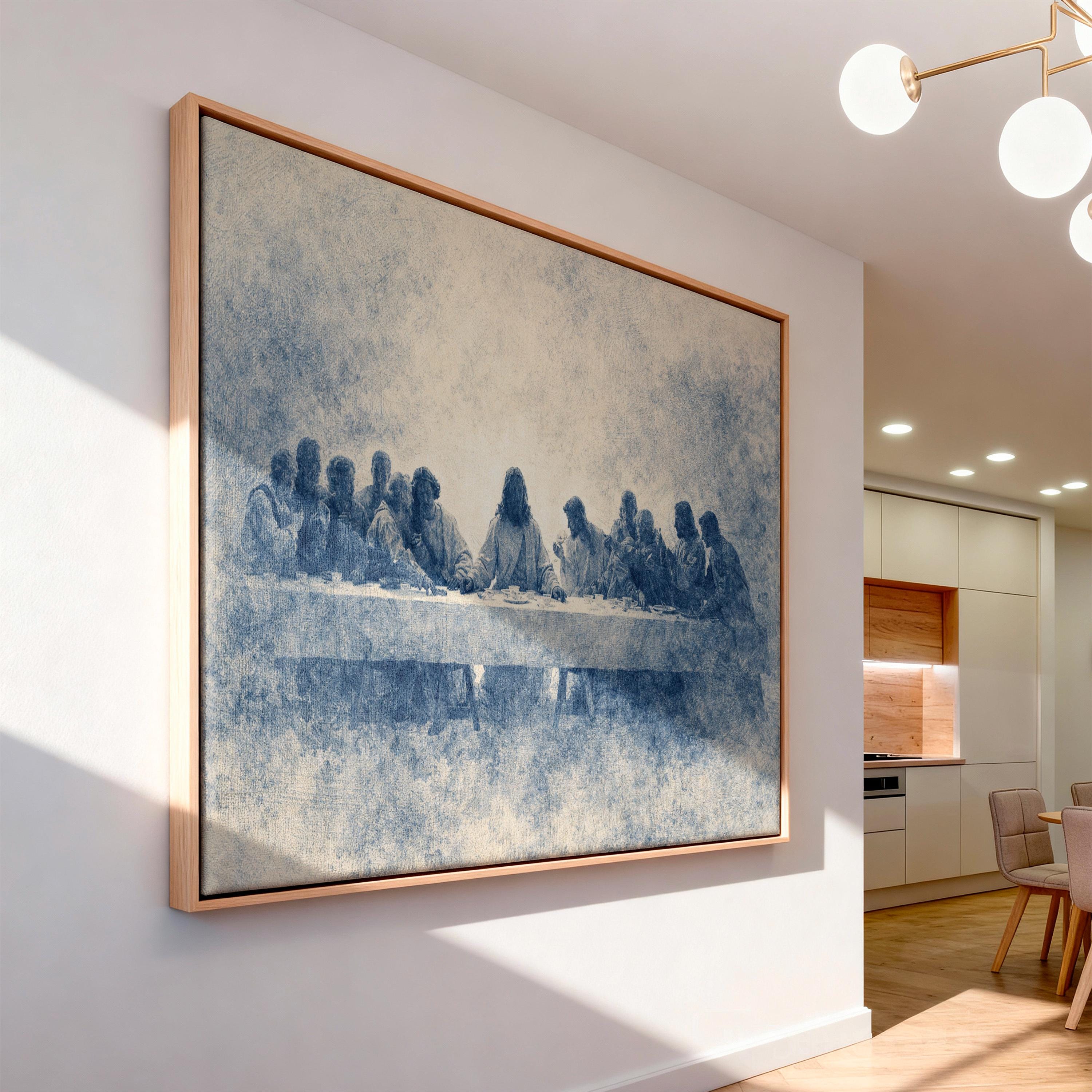 Last Supper Wall Art Print, Blue Vintage Christian Canvas, Neutral Religious Wall Decor, Large Biblical Artwork for Dining Room