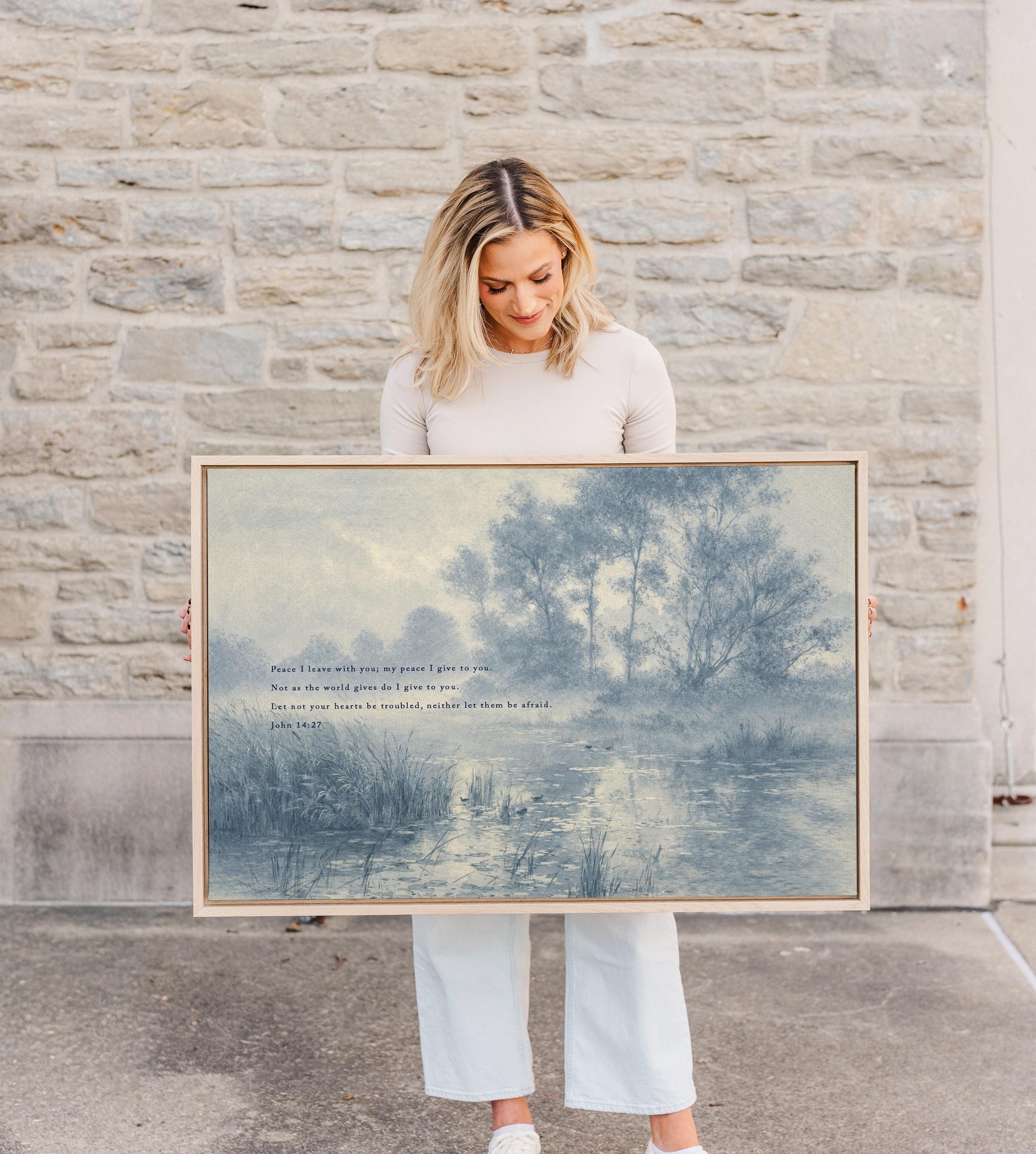 John 14:27 Bible Verse Wall Art, Peace I Leave with You Scripture Print, Blue Vintage Landscape Christian Home Decor, Neutral Faith Art