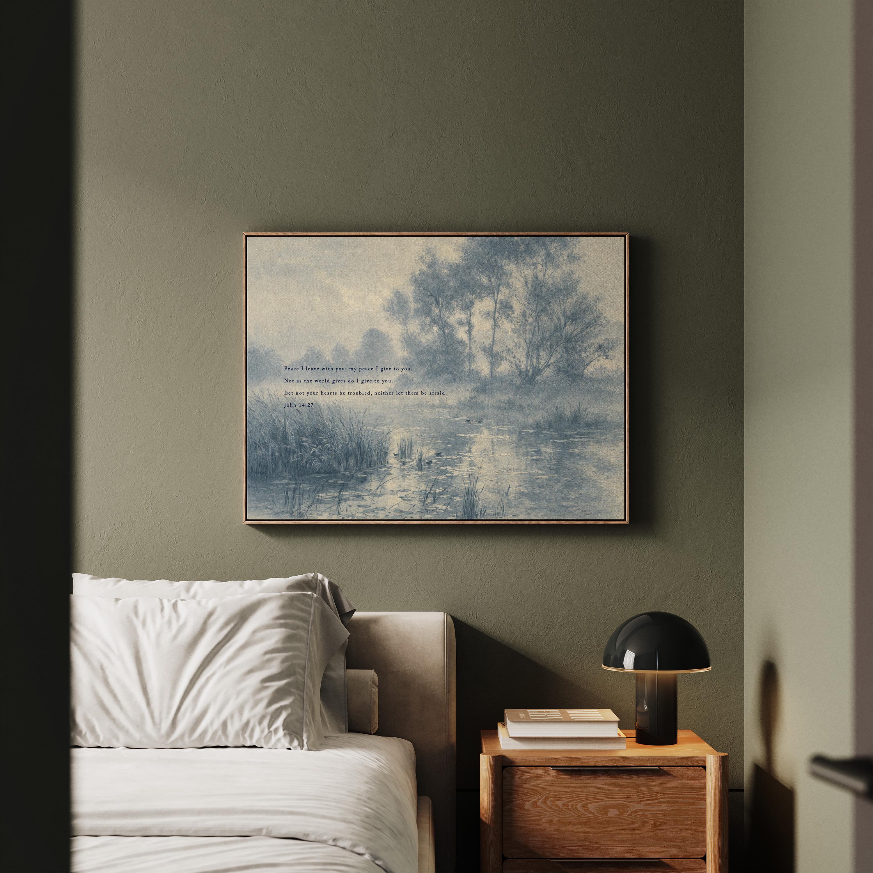 John 14:27 Bible Verse Wall Art, Peace I Leave with You Scripture Print, Blue Vintage Landscape Christian Home Decor, Neutral Faith Art