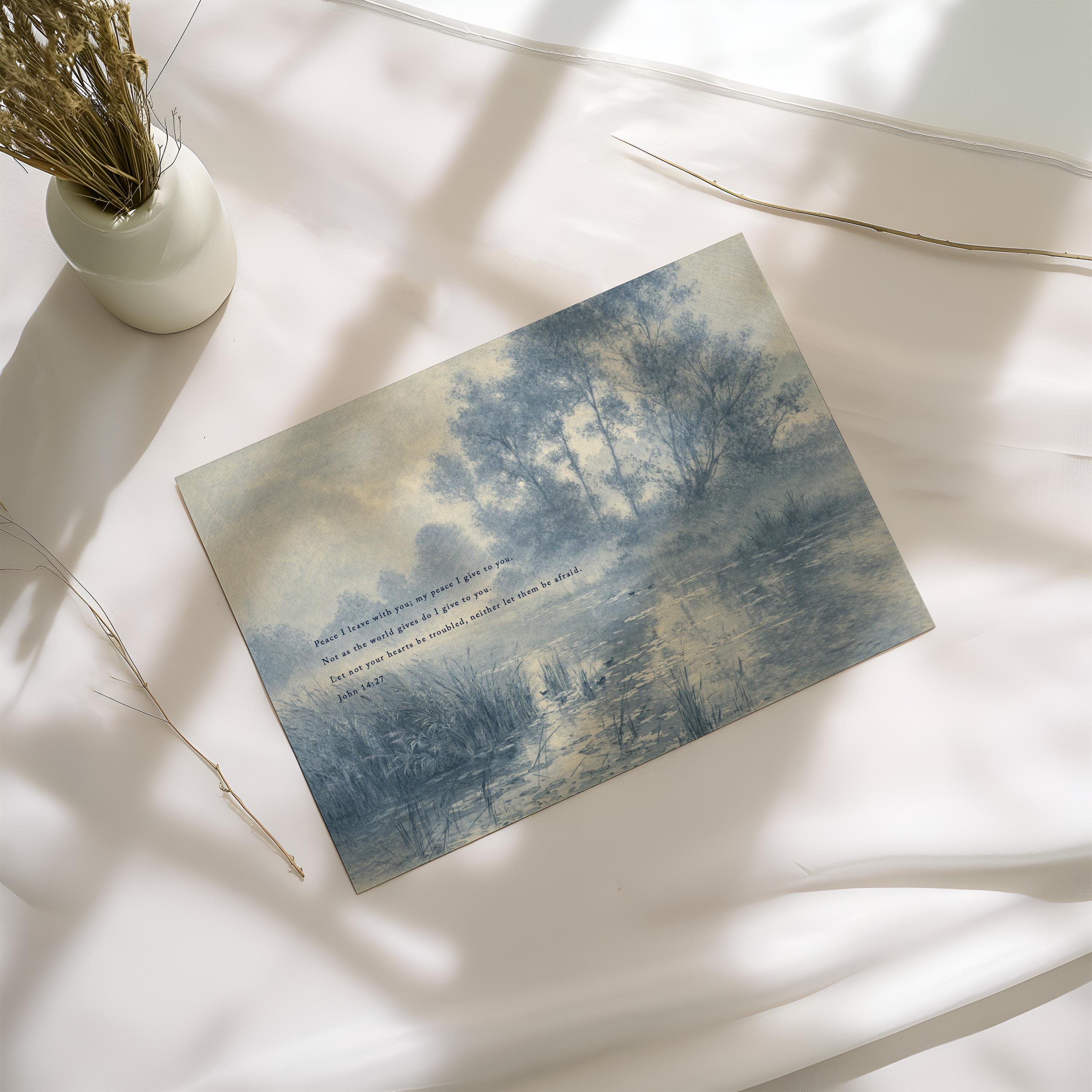 John 14:27 Bible Verse Wall Art, Peace I Leave with You Scripture Print, Blue Vintage Landscape Christian Home Decor, Neutral Faith Art