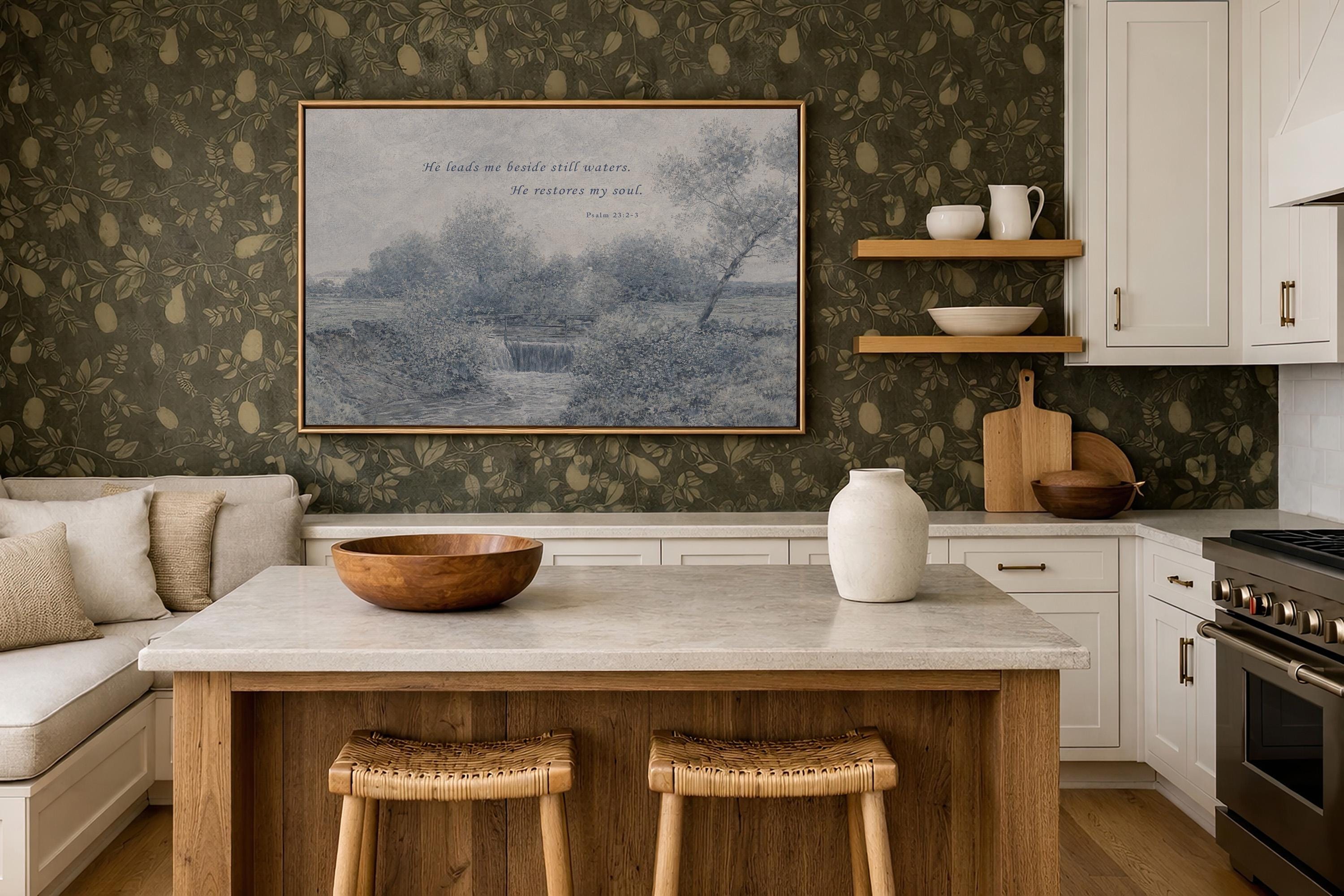 Psalm 23:2-3 Wall Art, He Leads Me Beside Still Waters Print, Blue Vintage Christian Landscape, Neutral Faith Nursery Decor