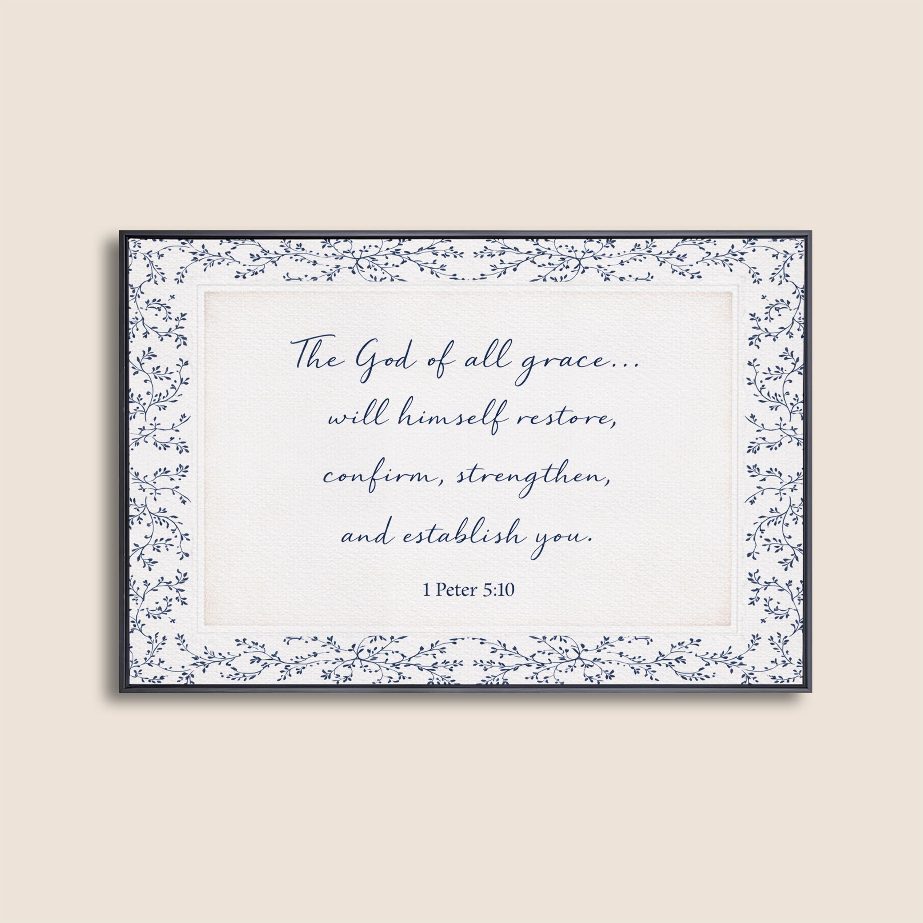 1 Peter 5:10 Wall Art, The God of All Grace Scripture Print, Navy Blue Christian Wall Decor, Elegant Faith Home Artwork