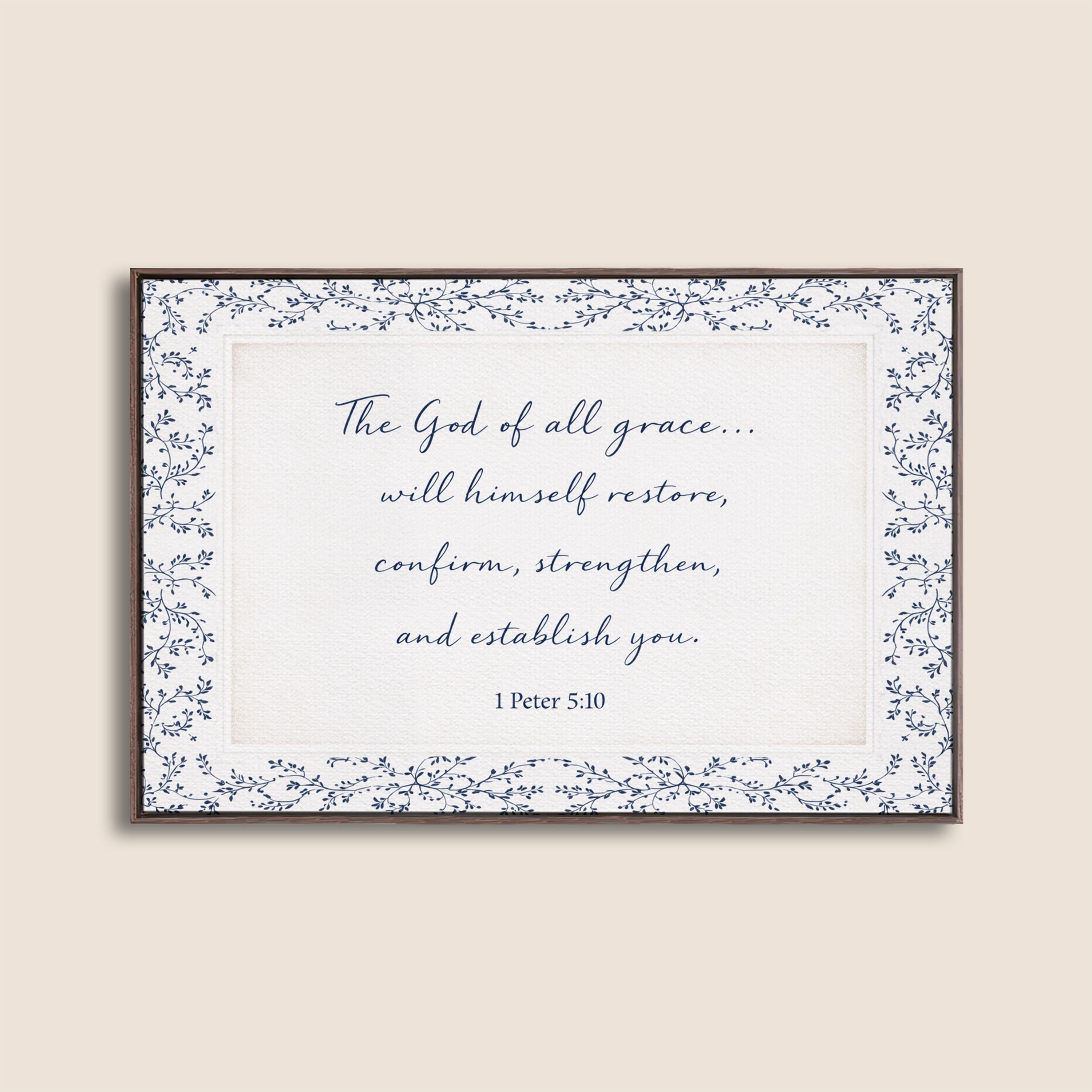 1 Peter 5:10 Wall Art, The God of All Grace Scripture Print, Navy Blue Christian Wall Decor, Elegant Faith Home Artwork