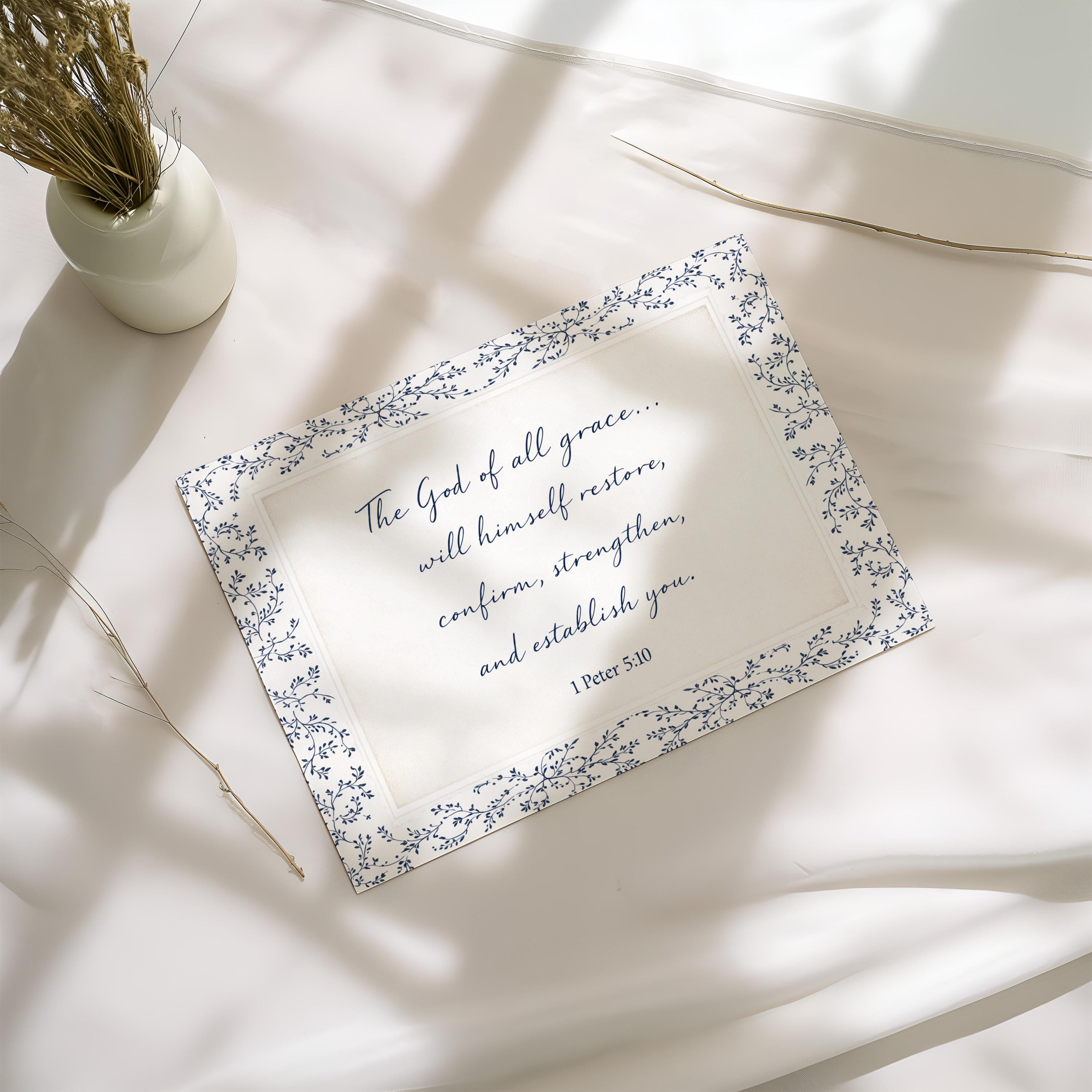 1 Peter 5:10 Wall Art, The God of All Grace Scripture Print, Navy Blue Christian Wall Decor, Elegant Faith Home Artwork