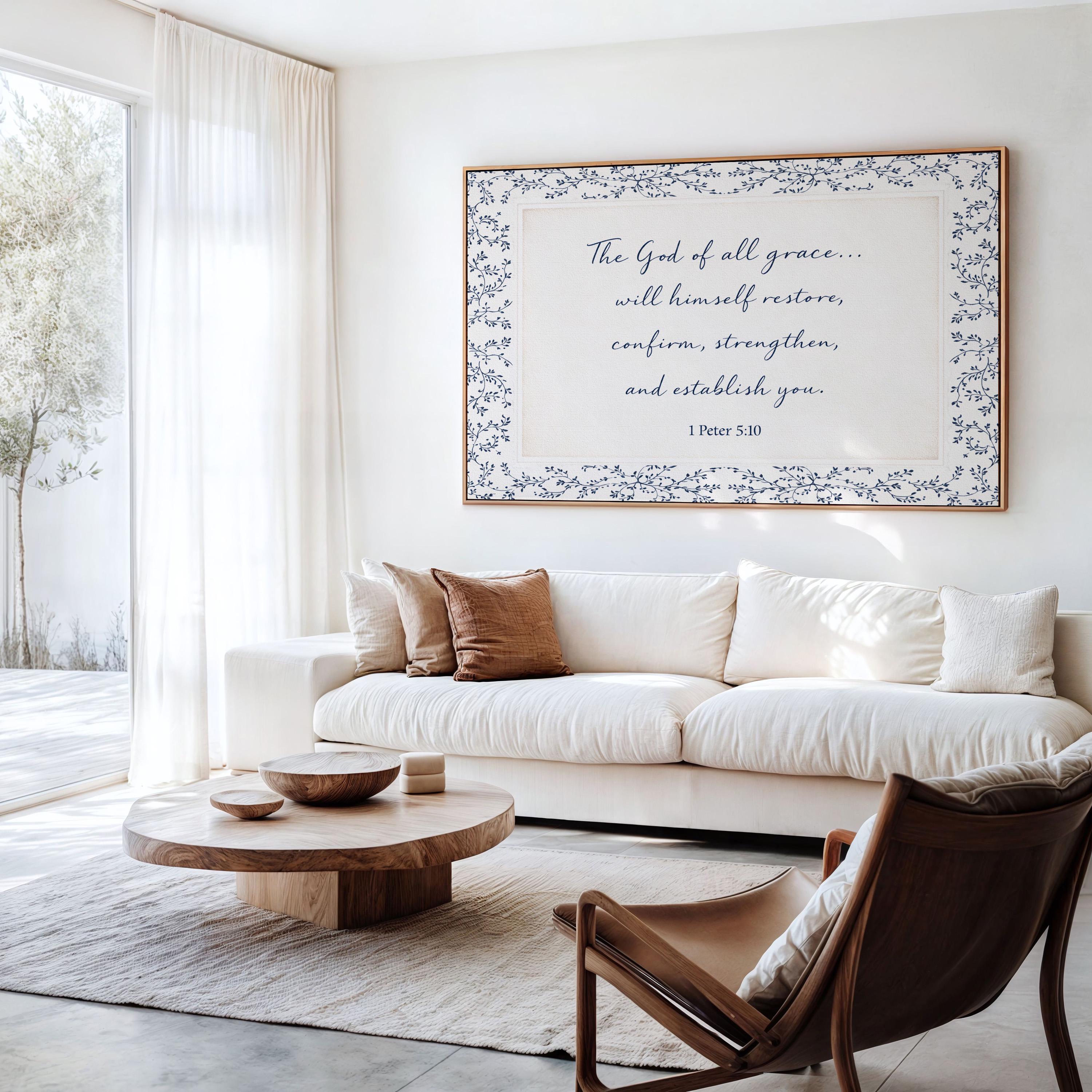 1 Peter 5:10 Wall Art, The God of All Grace Scripture Print, Navy Blue Christian Wall Decor, Elegant Faith Home Artwork