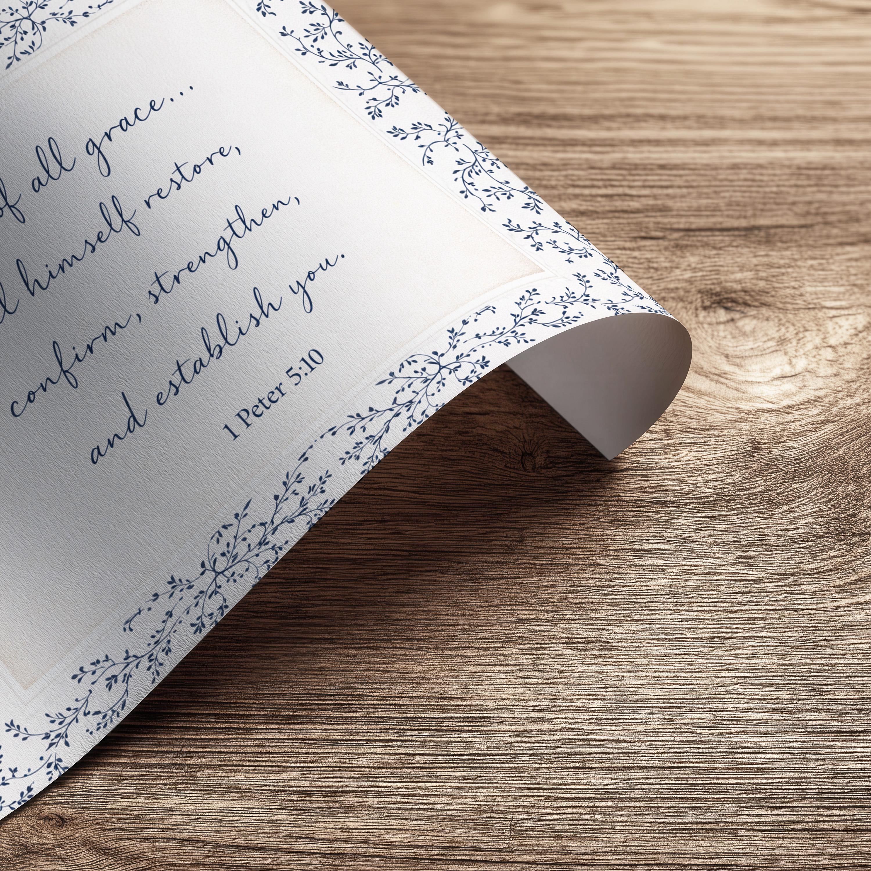 1 Peter 5:10 Wall Art, The God of All Grace Scripture Print, Navy Blue Christian Wall Decor, Elegant Faith Home Artwork