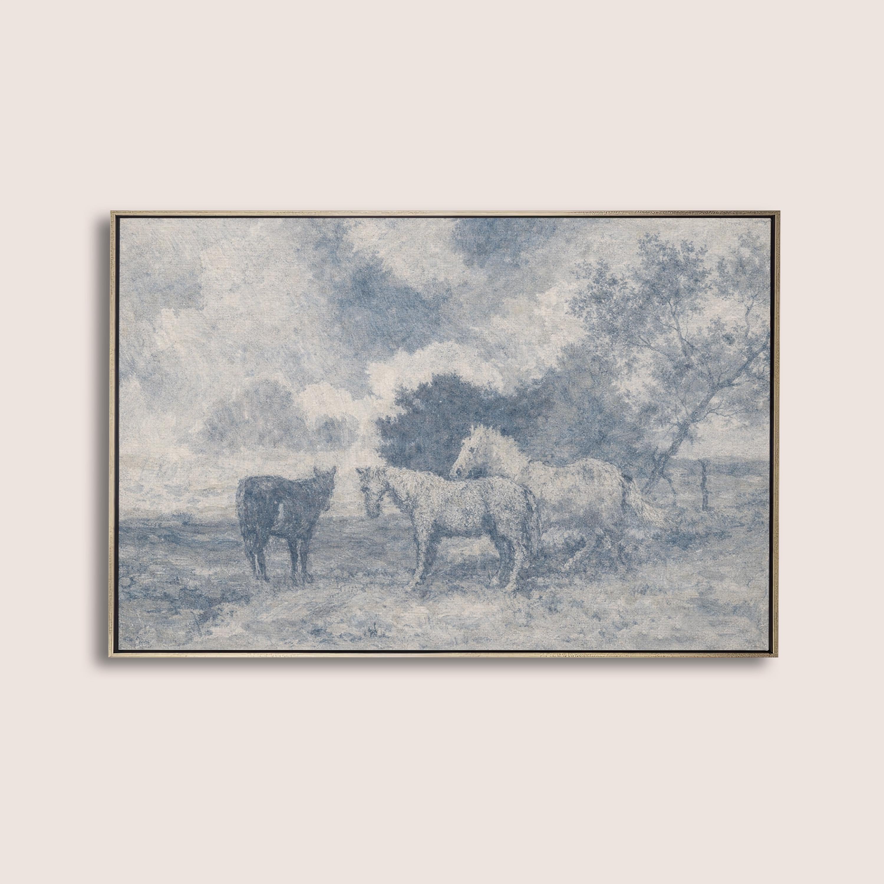 Blue Vintage Horse Wall Art – Neutral Equestrian Landscape Print – French Country Farmhouse Decor – Moody European Pastoral Artwork