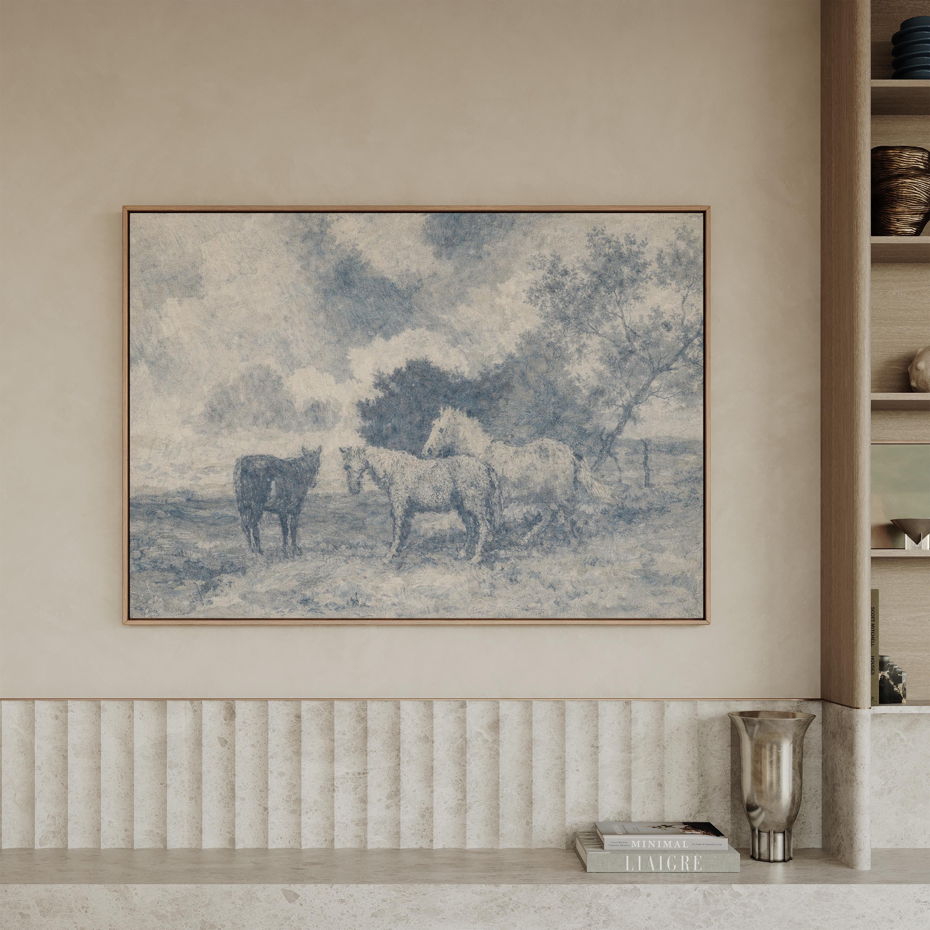 Blue Vintage Horse Wall Art – Neutral Equestrian Landscape Print – French Country Farmhouse Decor – Moody European Pastoral Artwork