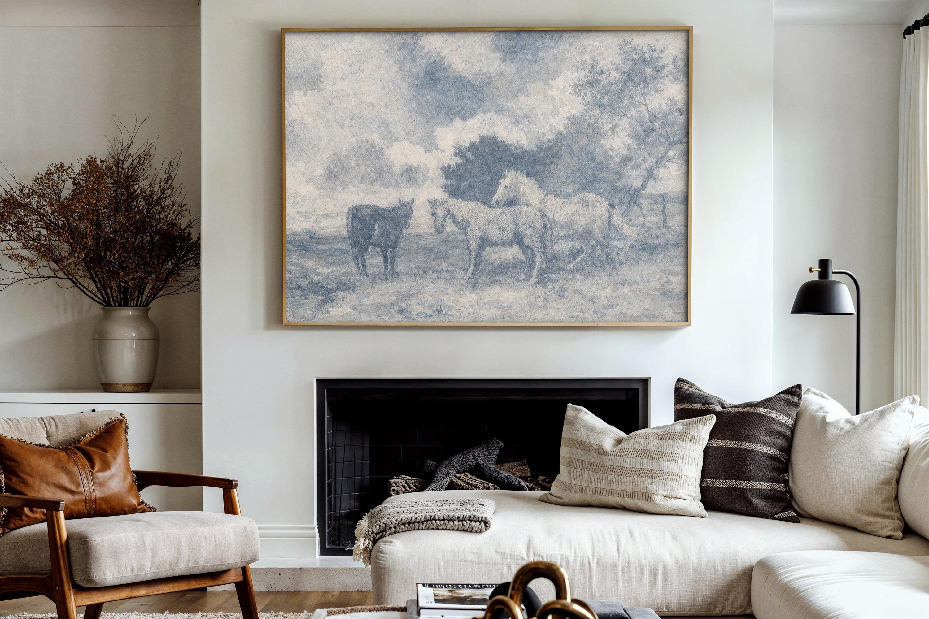 Blue Vintage Horse Wall Art – Neutral Equestrian Landscape Print – French Country Farmhouse Decor – Moody European Pastoral Artwork