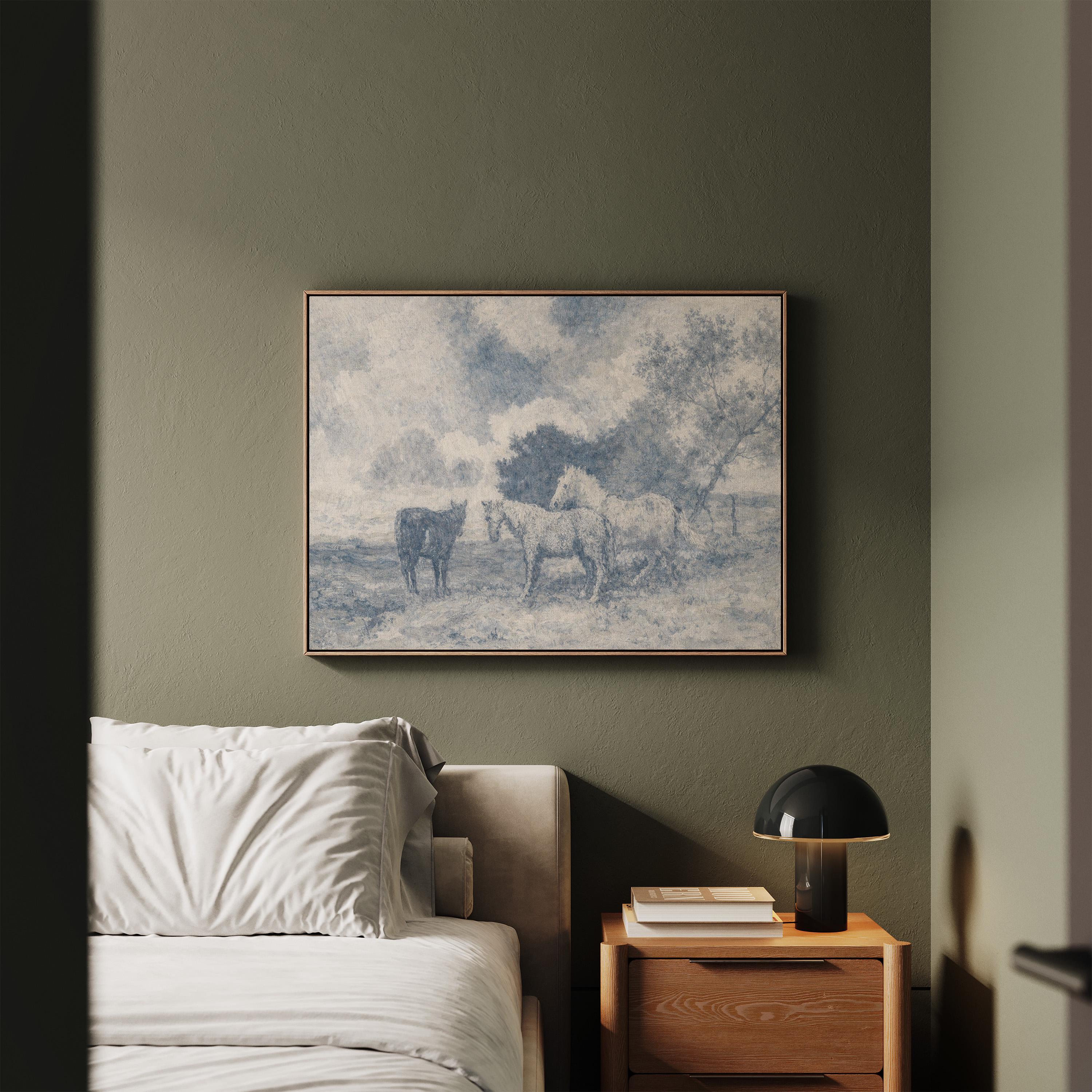 Blue Vintage Horse Wall Art – Neutral Equestrian Landscape Print – French Country Farmhouse Decor – Moody European Pastoral Artwork