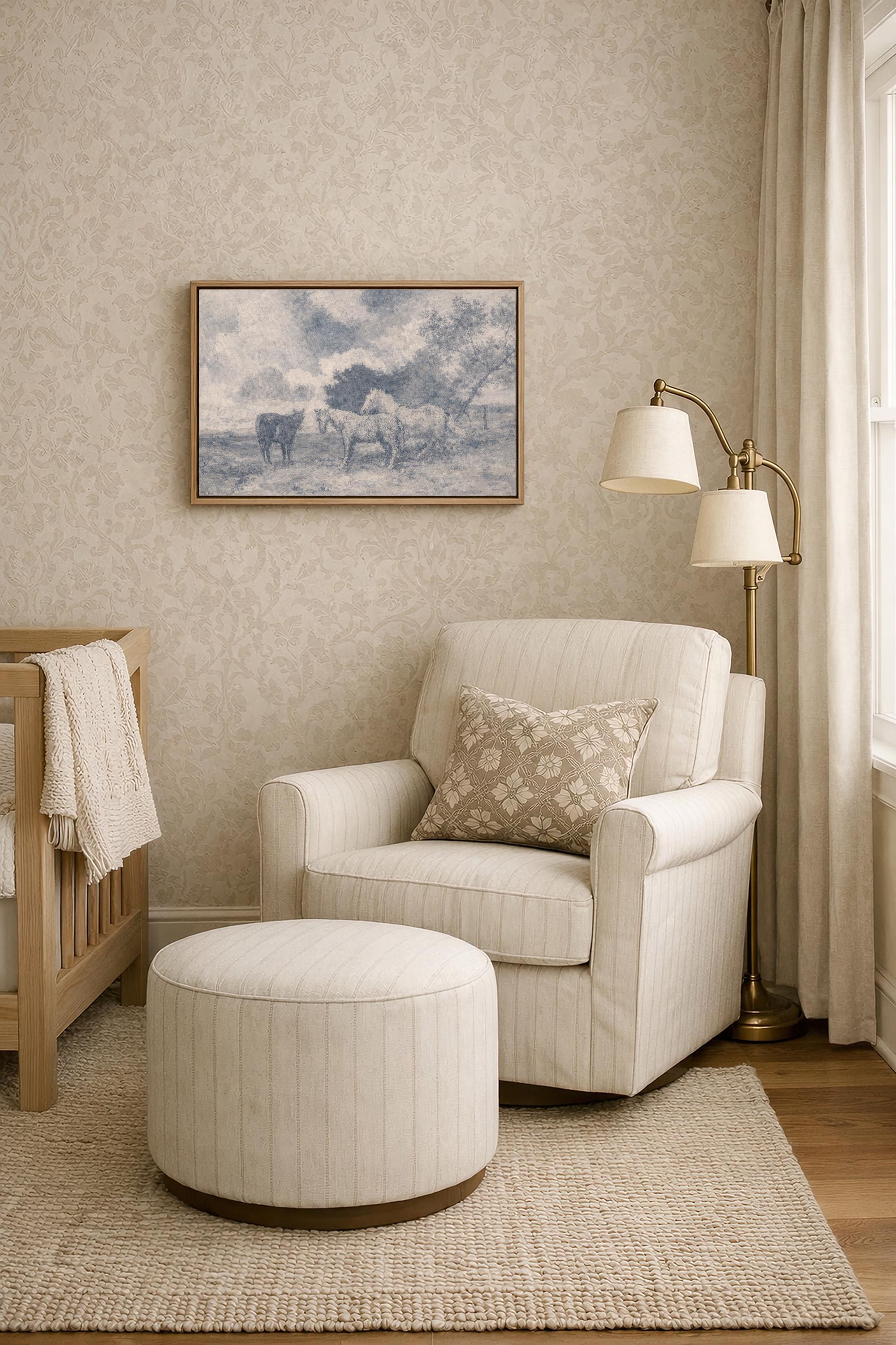 Blue Vintage Horse Wall Art – Neutral Equestrian Landscape Print – French Country Farmhouse Decor – Moody European Pastoral Artwork