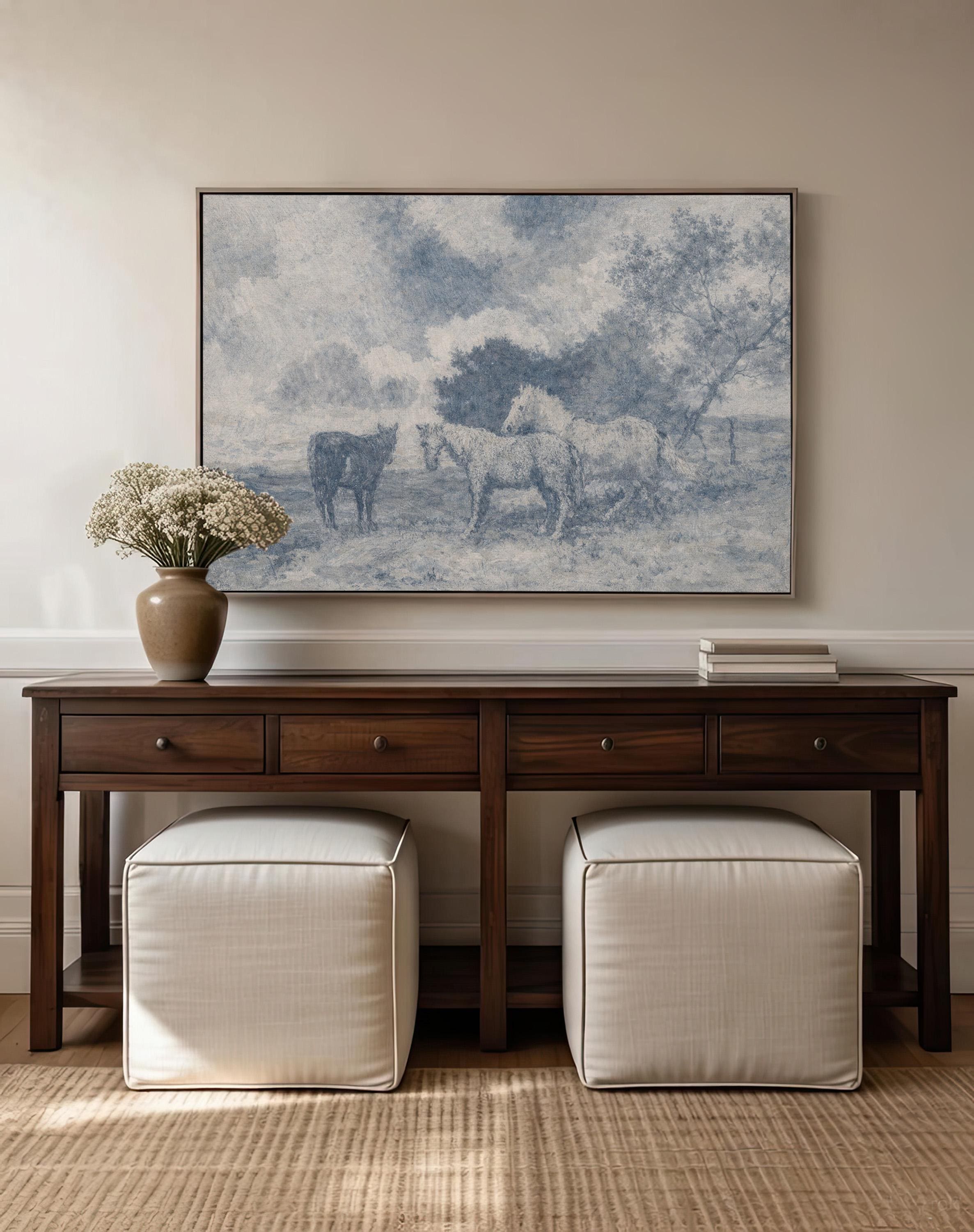 Blue Vintage Horse Wall Art – Neutral Equestrian Landscape Print – French Country Farmhouse Decor – Moody European Pastoral Artwork