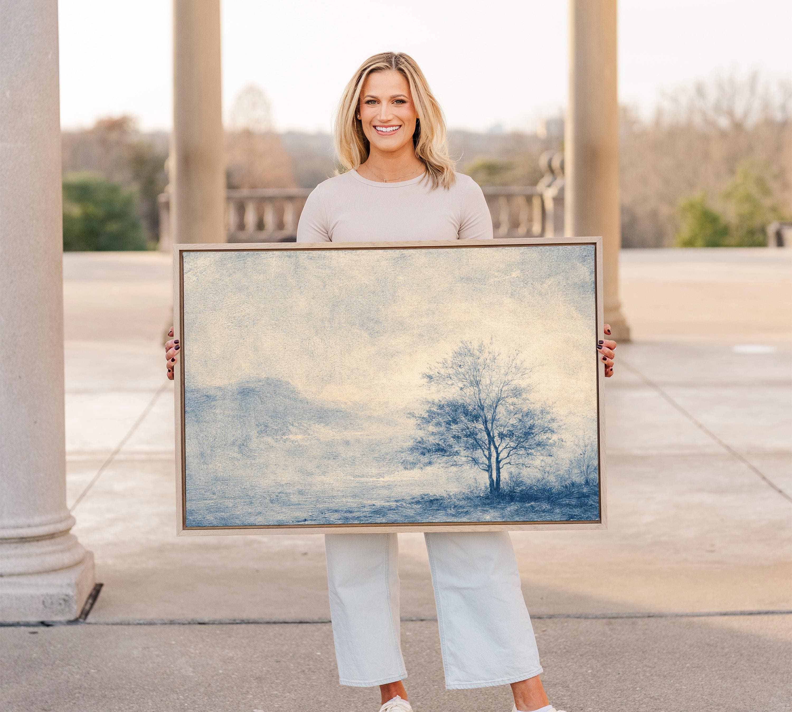 Blue Landscape Wall Art Print, Neutral Wall Decor for Living Room, Vintage Minimalist Canvas Art