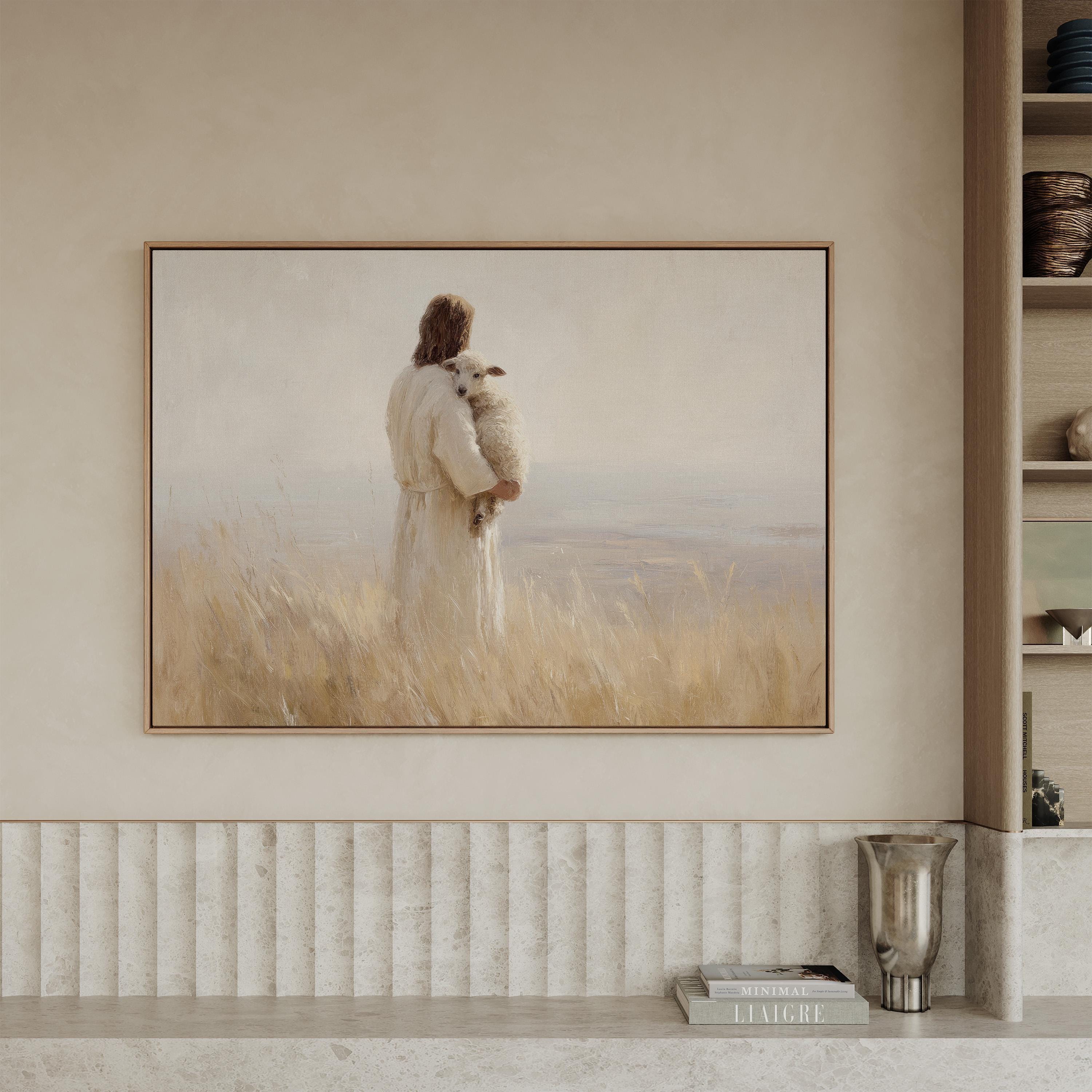 Jesus Holding Lamb Wall Art – The Good Shepherd Print – Psalm 23 Christian Home Decor – Neutral Faith Artwork