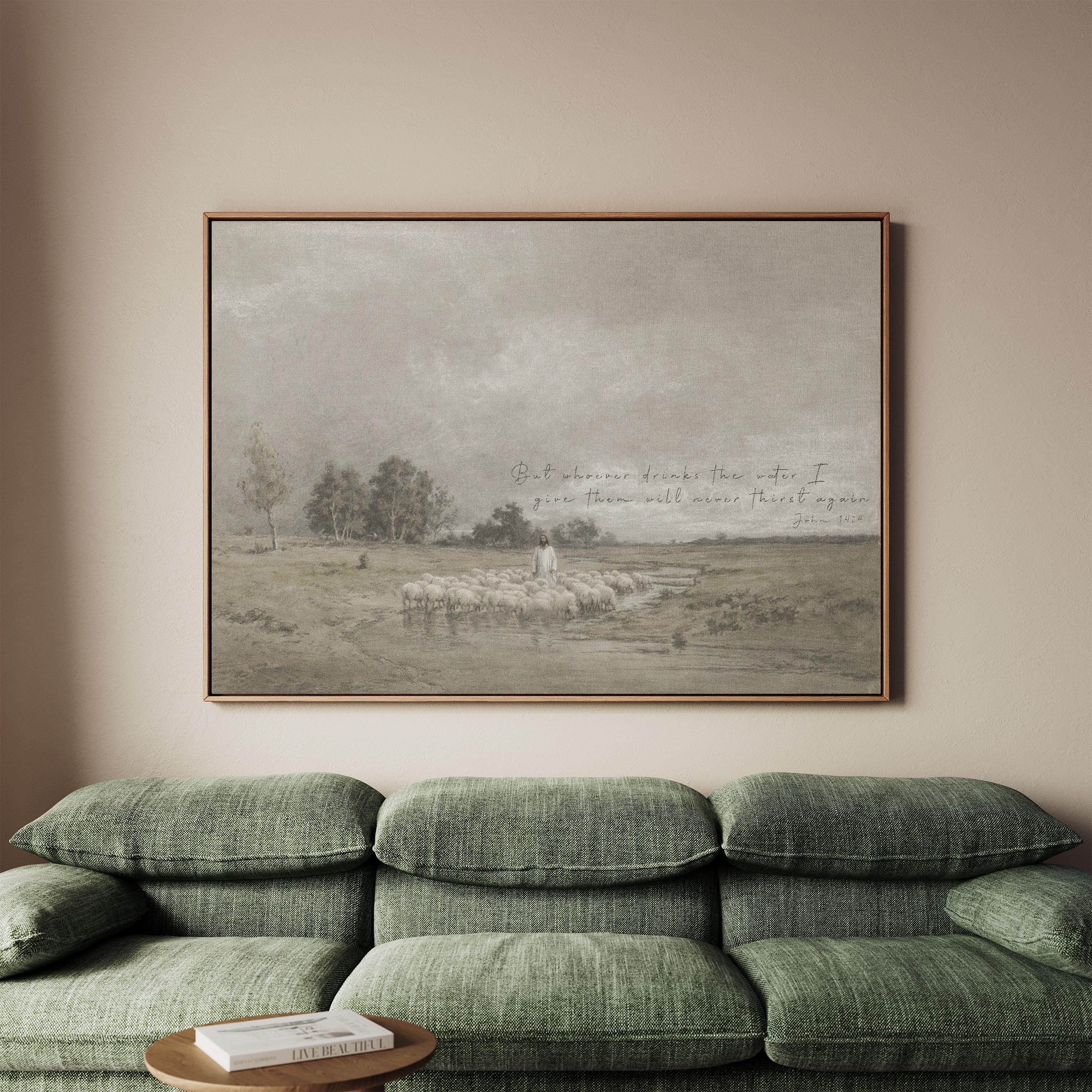 Jesus the Good Shepherd Wall Art, Scripture Landscape, Christian Faith Painting with Sheep, Living Water Bible Verse Art
