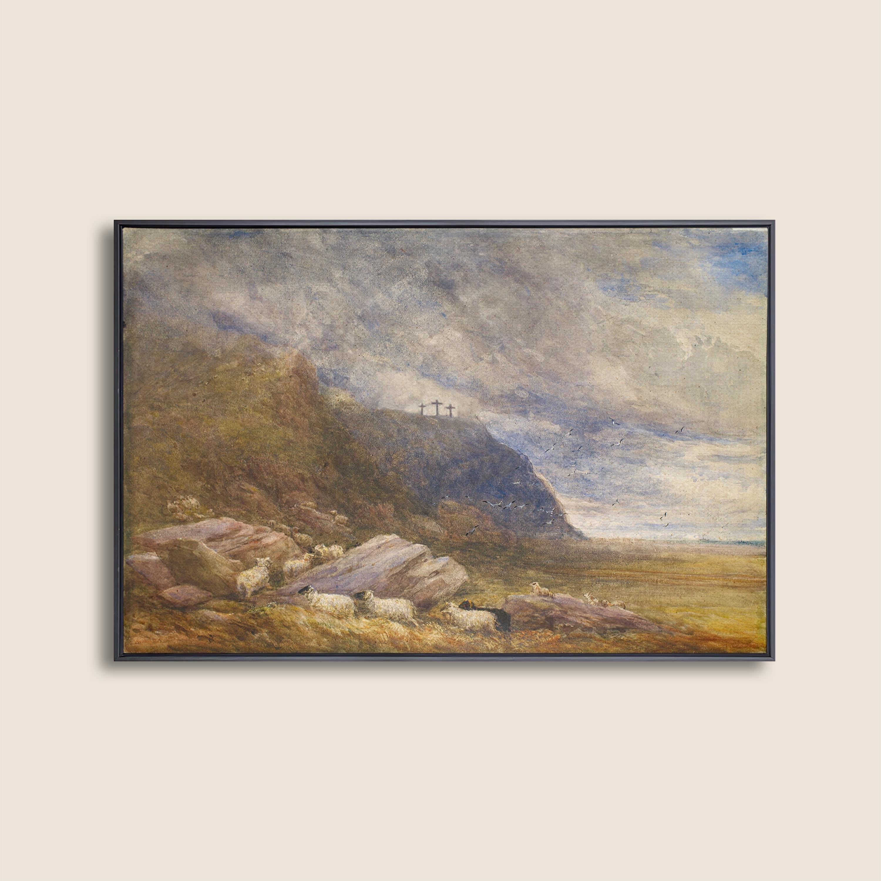 Calvary Landscape Christian Wall Art, Three Crosses Biblical Painting, Faith Based Landscape Artwork, Subtle Christian Home Decor
