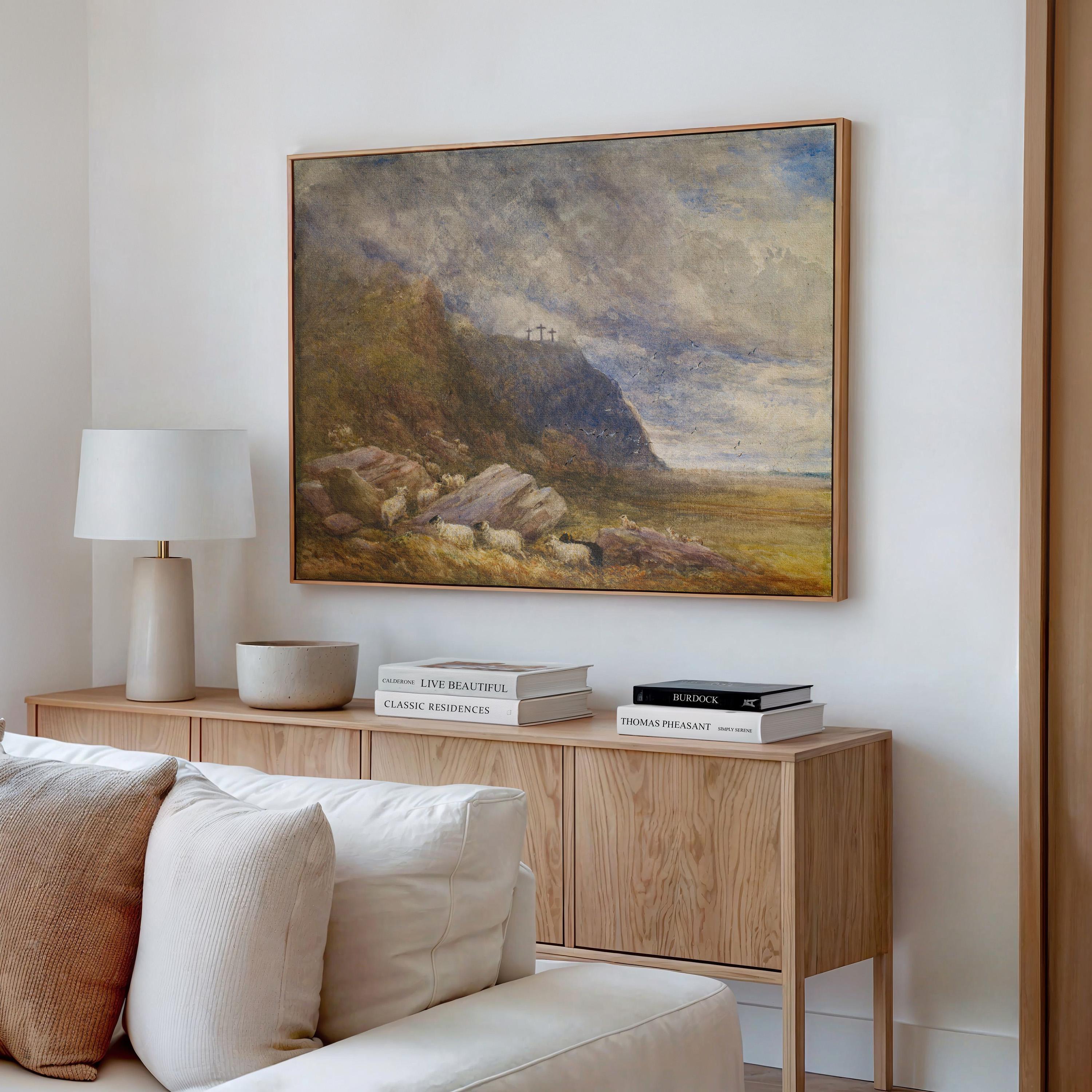 Calvary Landscape Christian Wall Art, Three Crosses Biblical Painting, Faith Based Landscape Artwork, Subtle Christian Home Decor